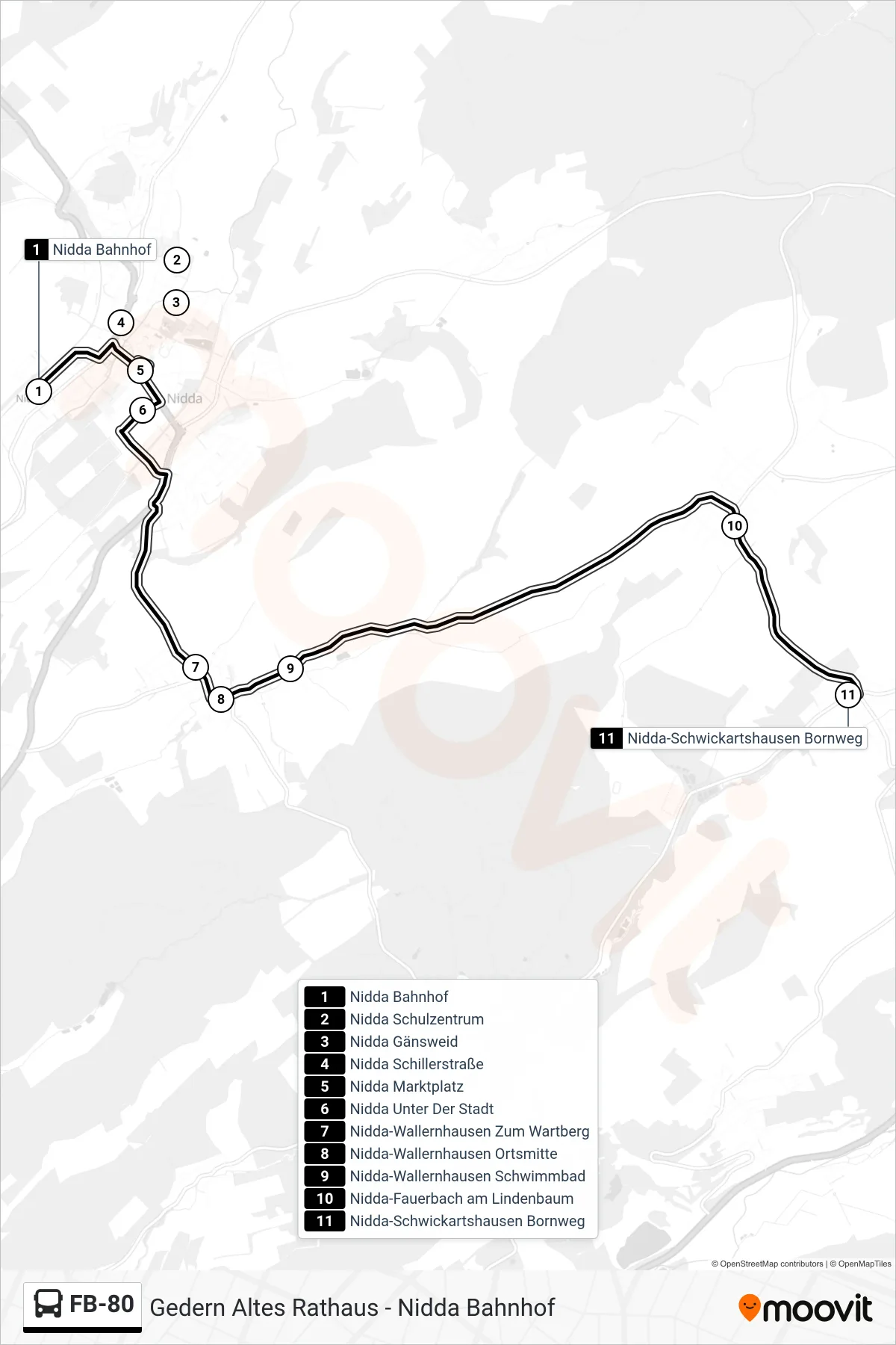 FB-80 bus Line (Nidda-Schwickartshausen Bornweg) route and stops on a map