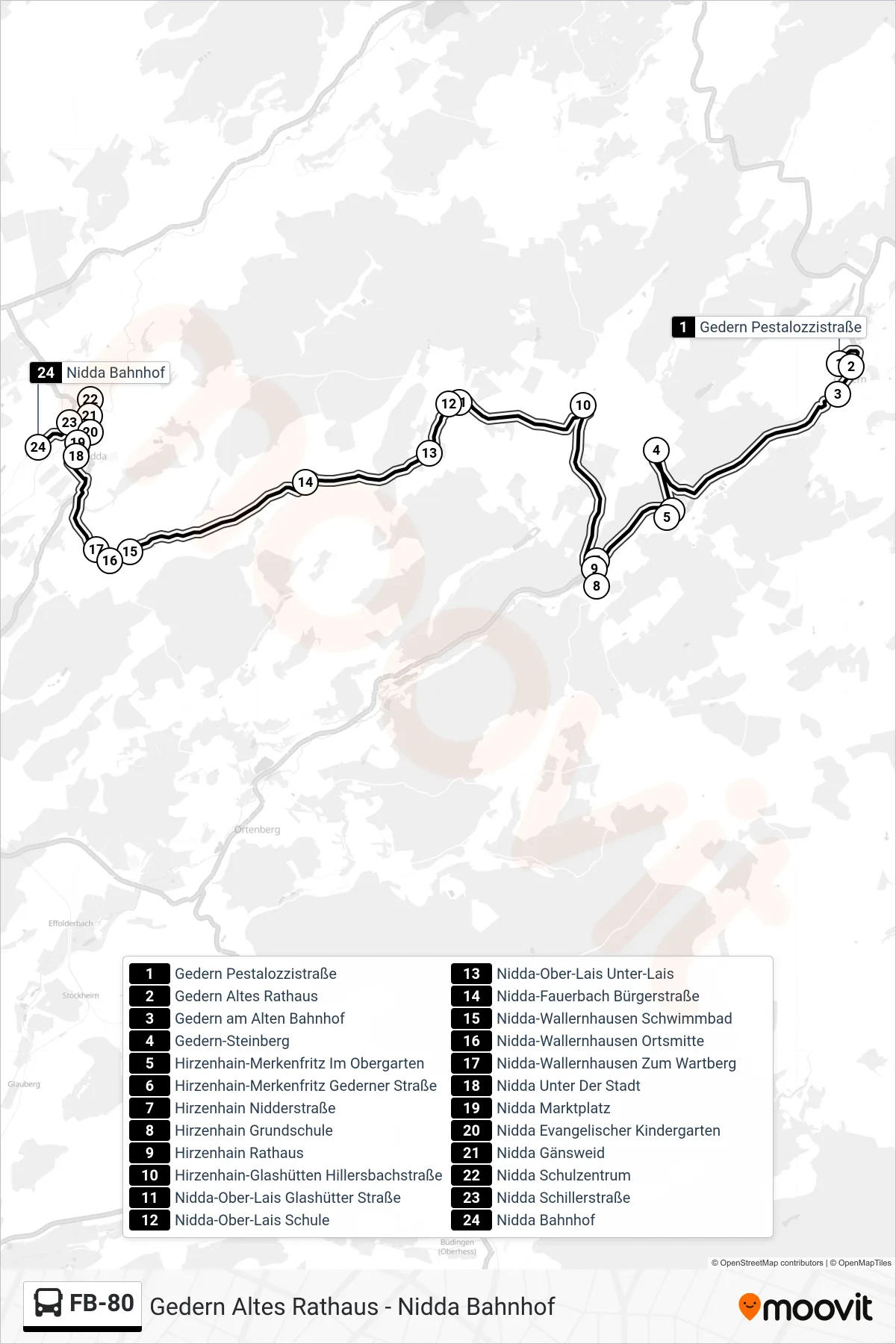 FB-80 bus Line (Nidda Bahnhof) route and stops on a map