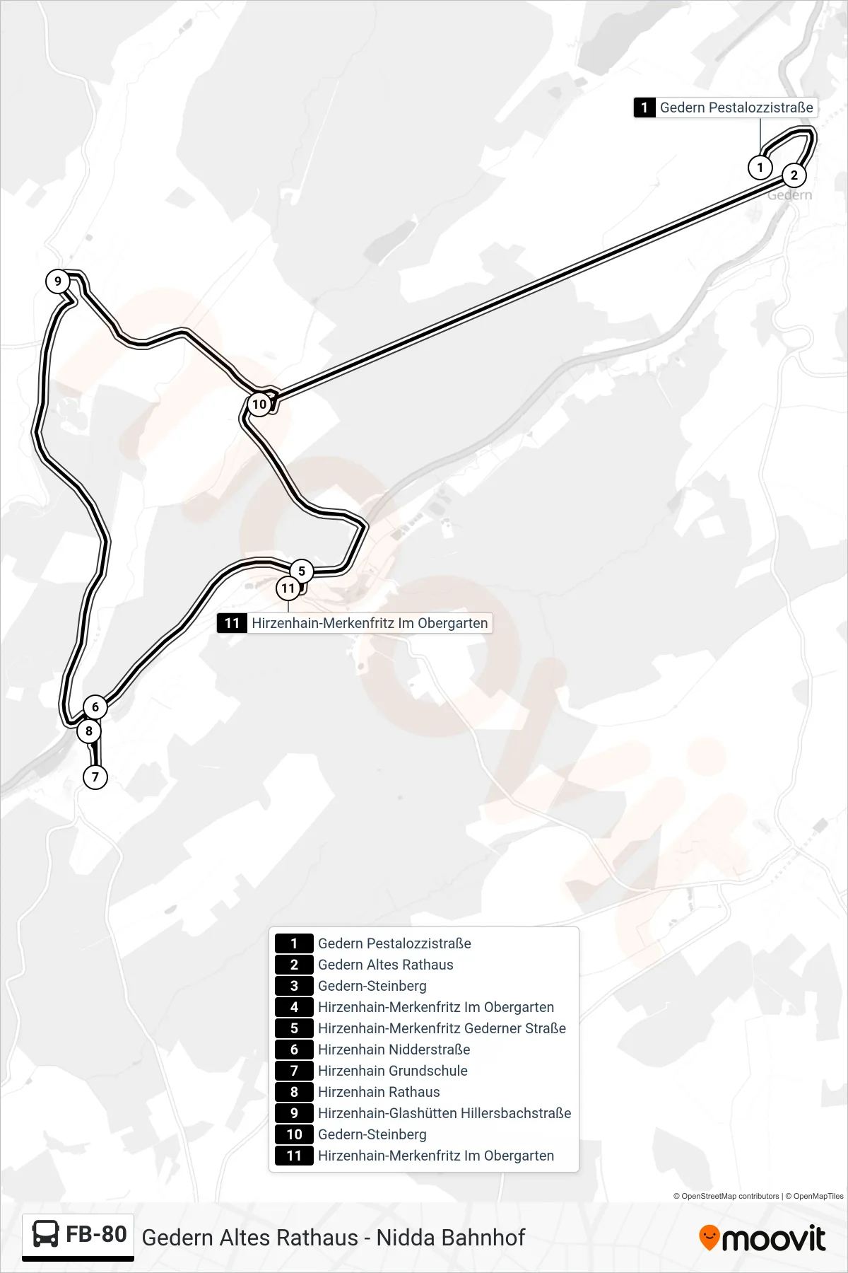FB-80 bus Line (Hirzenhain-Merkenfritz Im Obergarten) route and stops on a map