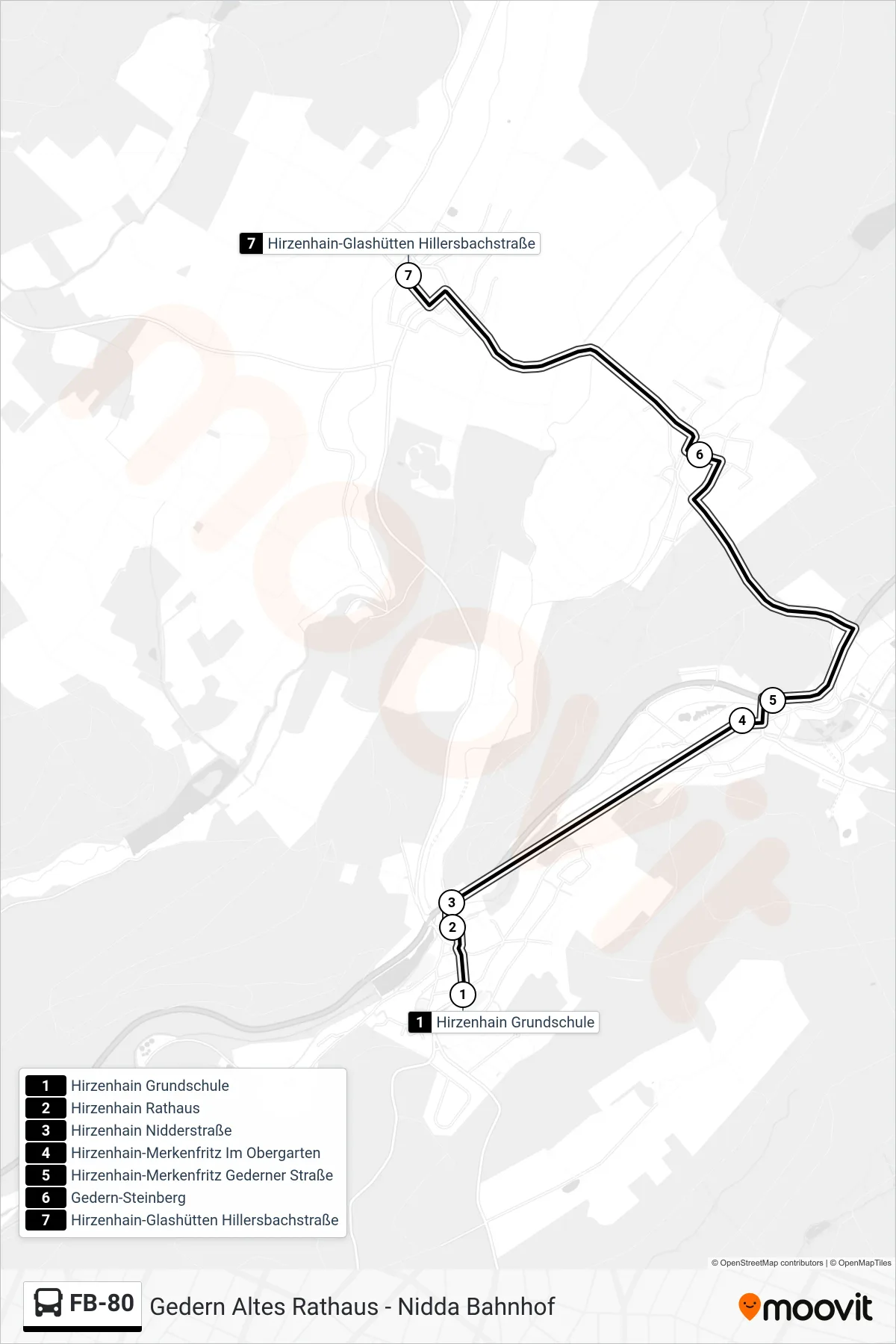FB-80 bus Line (Hirzenhain-Glashütten Hillersbachstraße) route and stops on a map