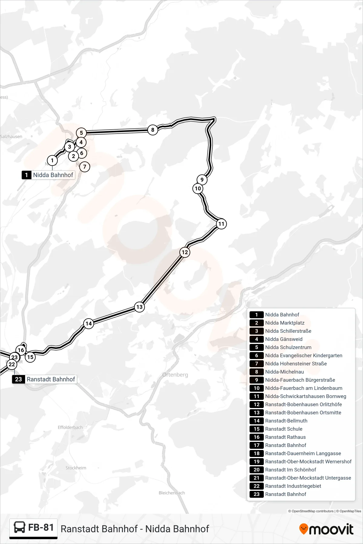 FB-81 bus Line (Ranstadt Bahnhof) route and stops on a map