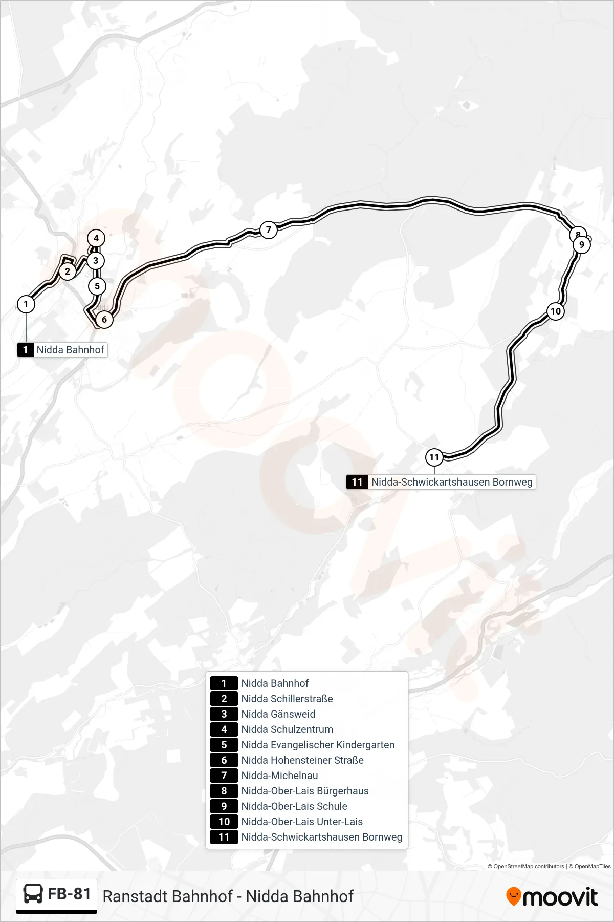 FB-81 bus Line (Nidda-Schwickartshausen Bornweg) route and stops on a map