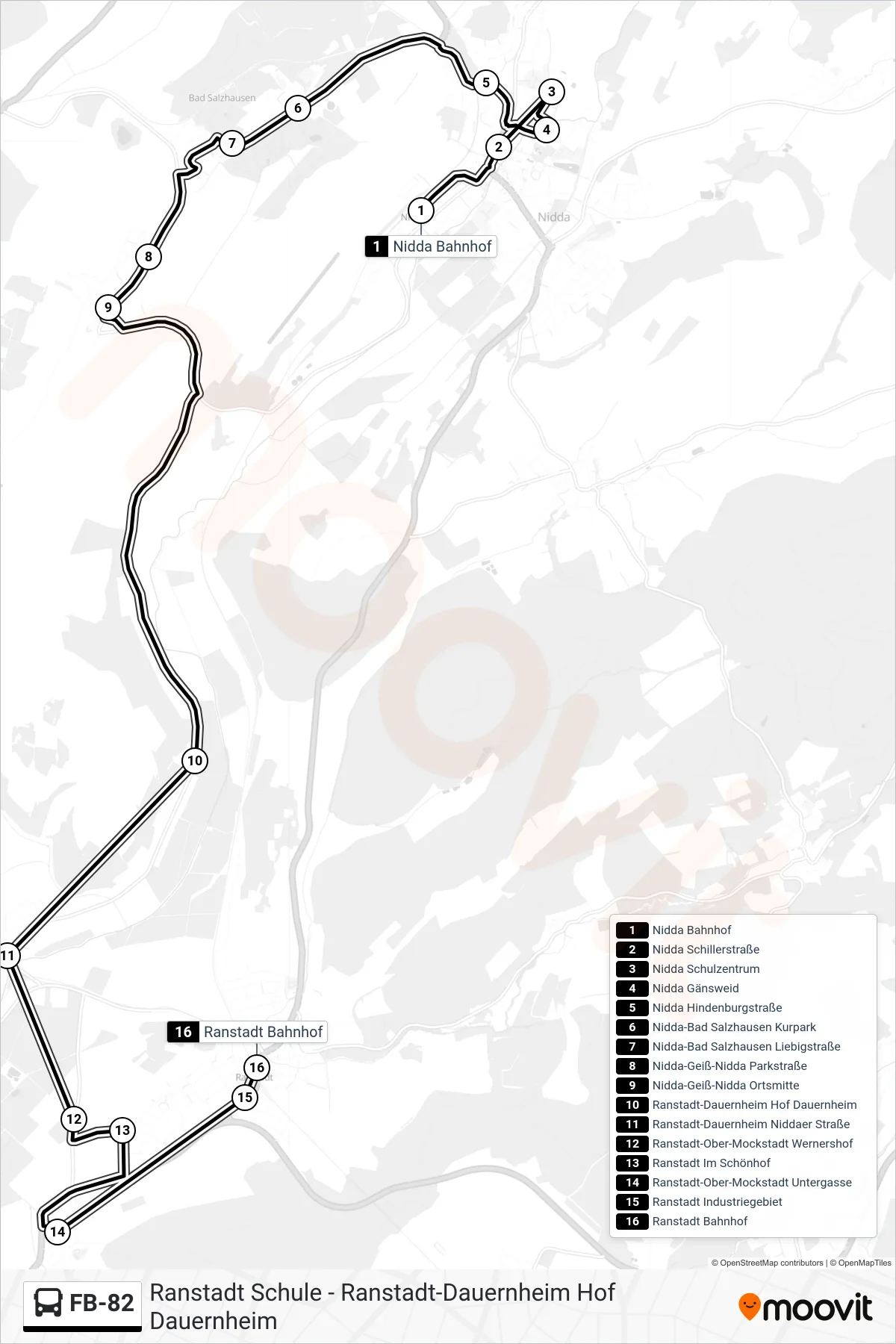 FB-82 bus Line (Ranstadt Bahnhof) route and stops on a map