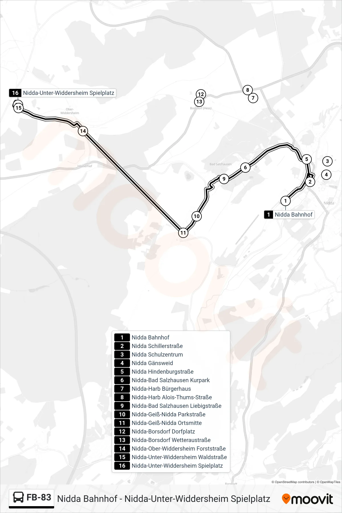 FB-83 bus Line (Nidda-Unter-Widdersheim Spielplatz) route and stops on a map
