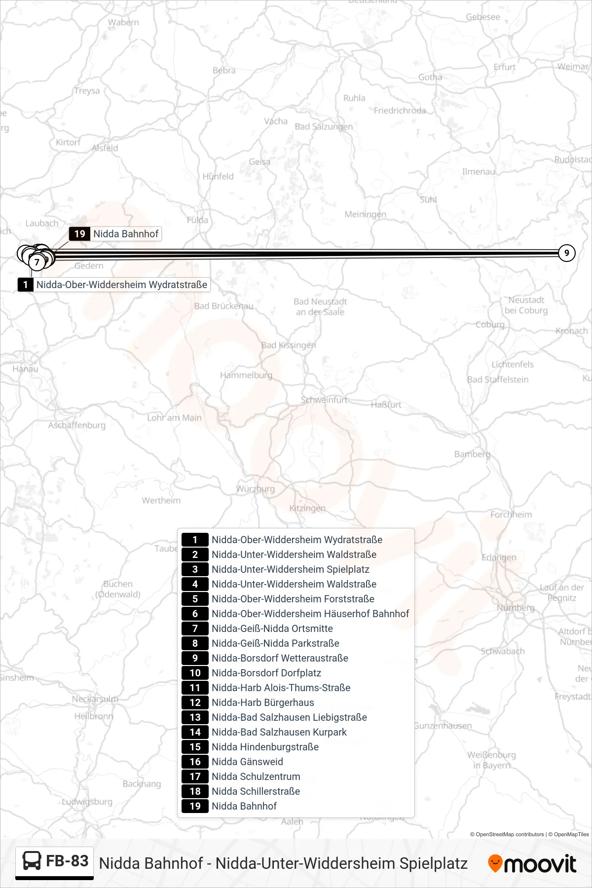 FB-83 bus Line (Nidda Bahnhof) route and stops on a map