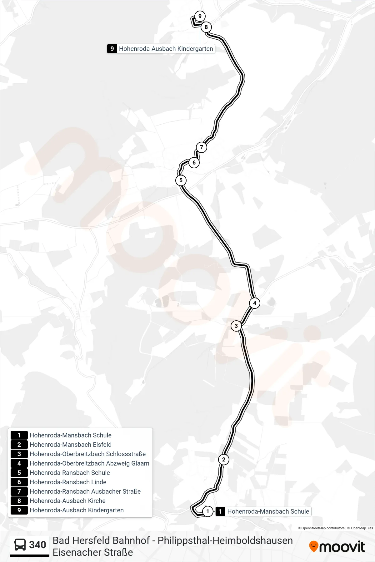 340 bus Line (Ausbach) route and stops on a map