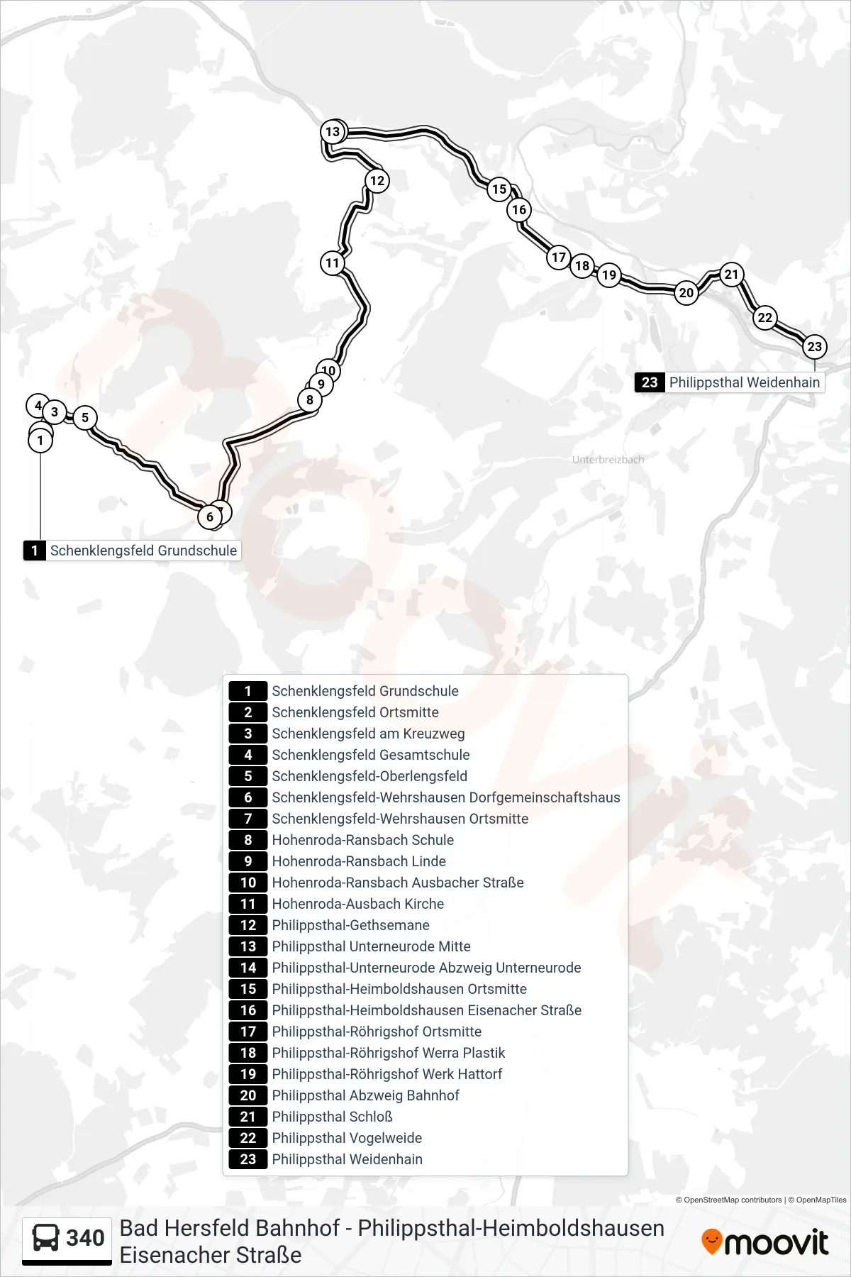 340 bus Line (Philippsthal) route and stops on a map