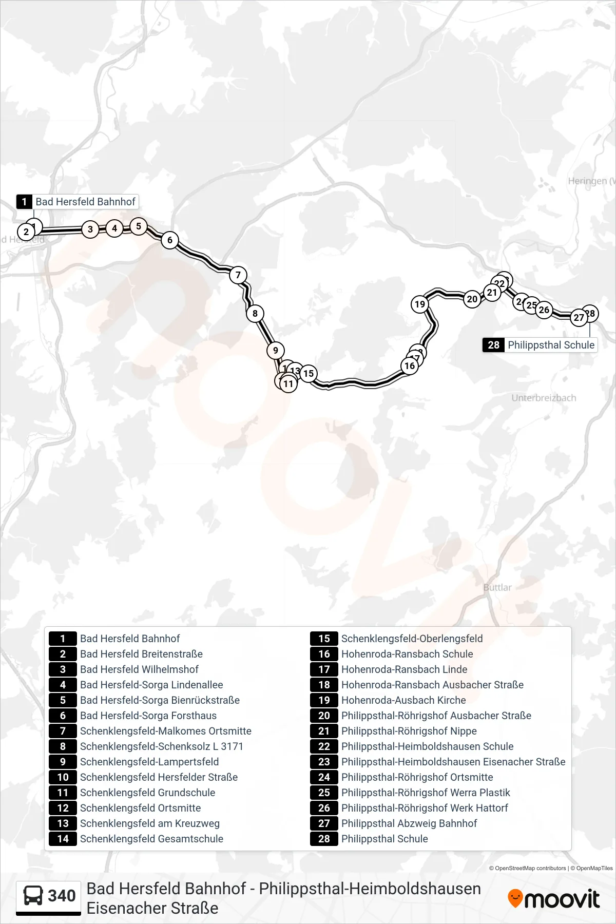 340 bus Line (Philippsthal Schule) route and stops on a map