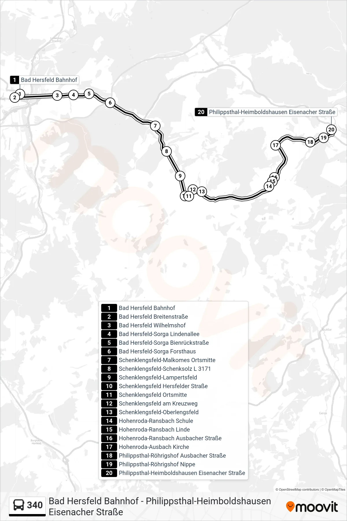 340 bus Line (Heimboldshausen) route and stops on a map