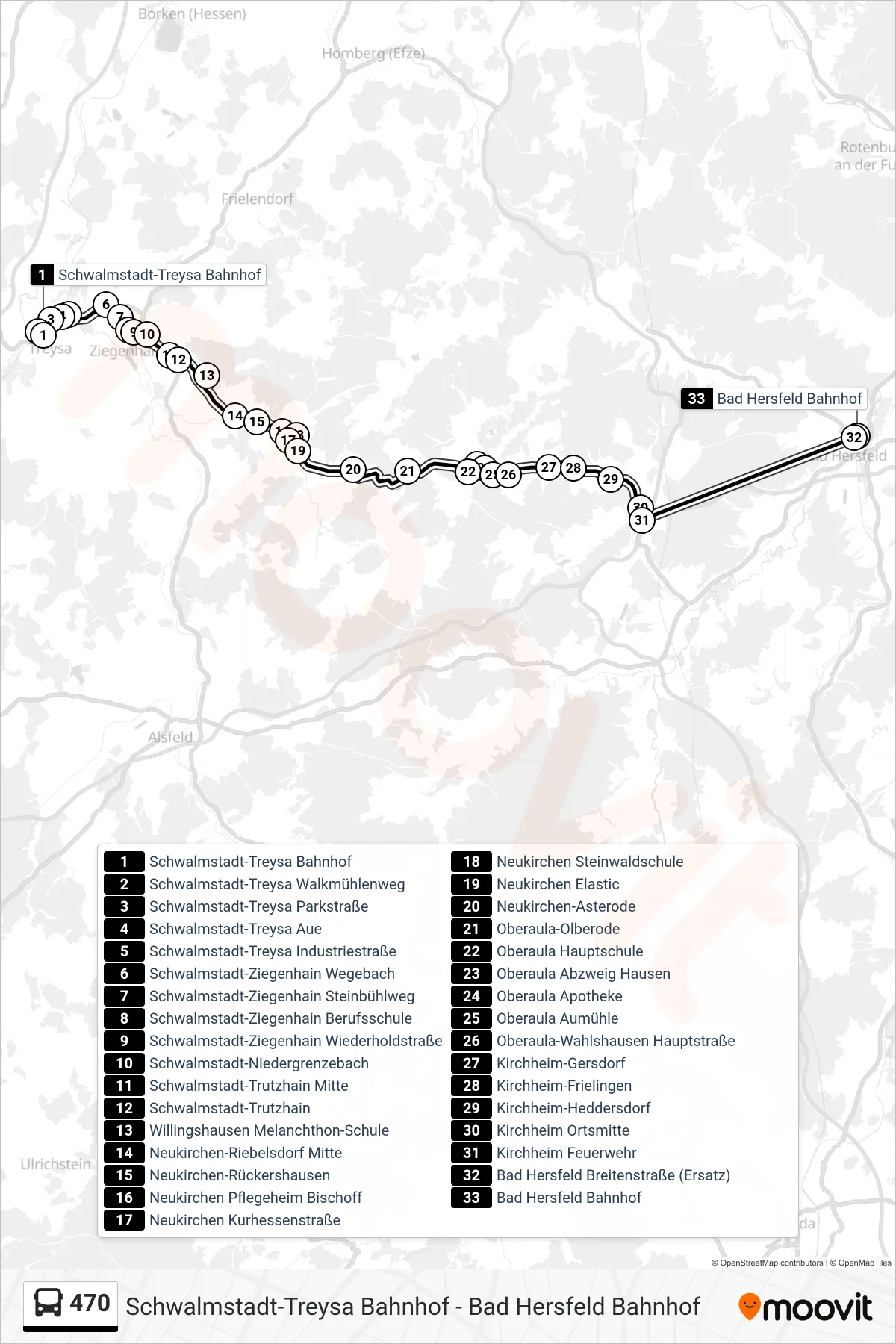 Linie 470 (Bus) Richtung Bad Hersfeld Bf.: Route und Haltestellen auf der Karte