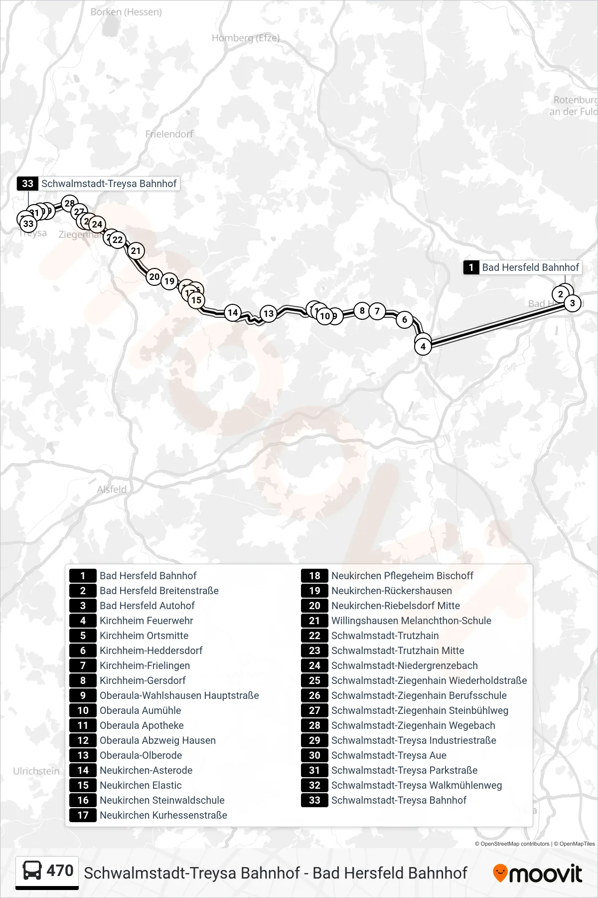 470 bus Line (Schwalmstadt-Treysa) route and stops on a map