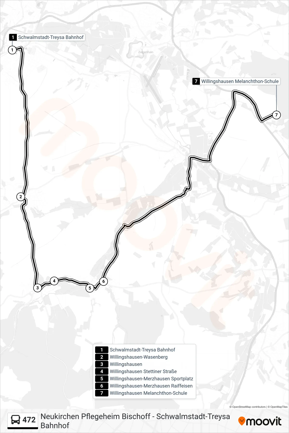 472 bus Line (Willingshausen) route and stops on a map