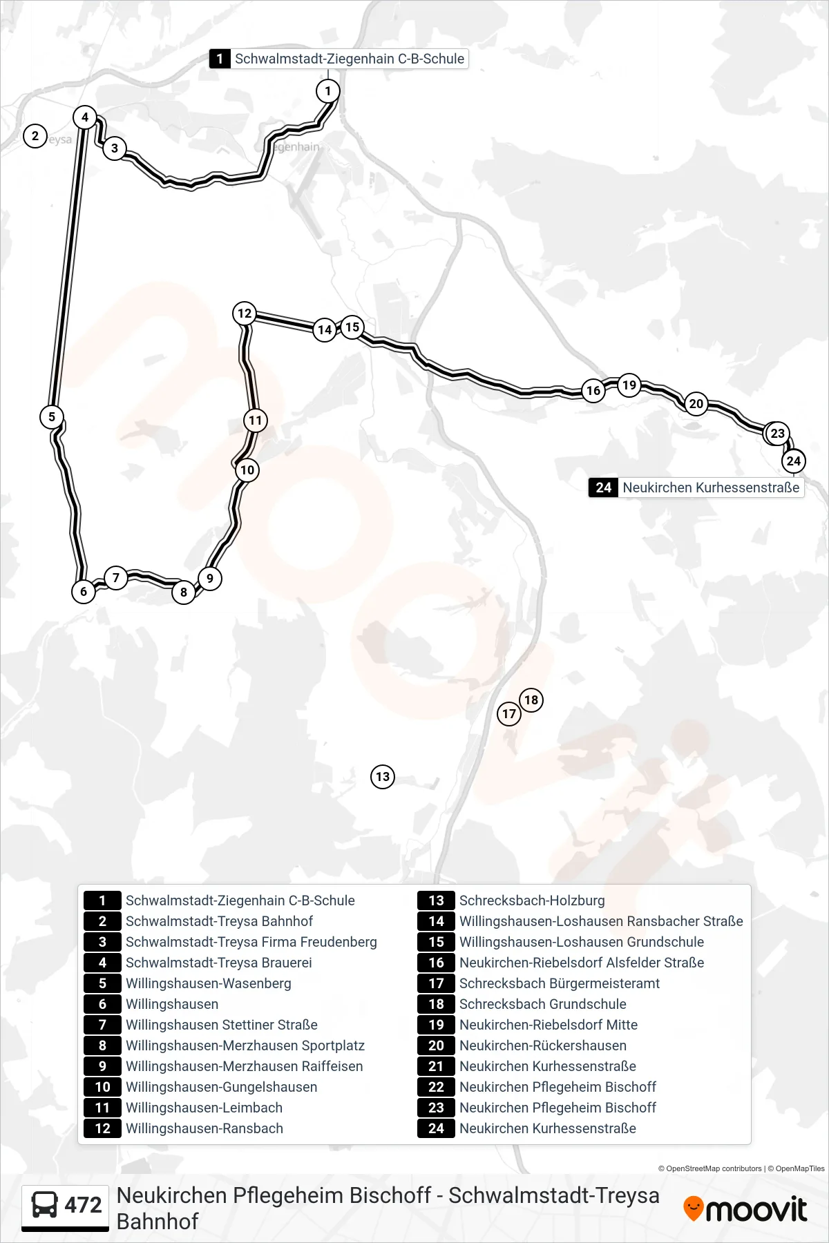 472 bus Line (Neukirchen) route and stops on a map