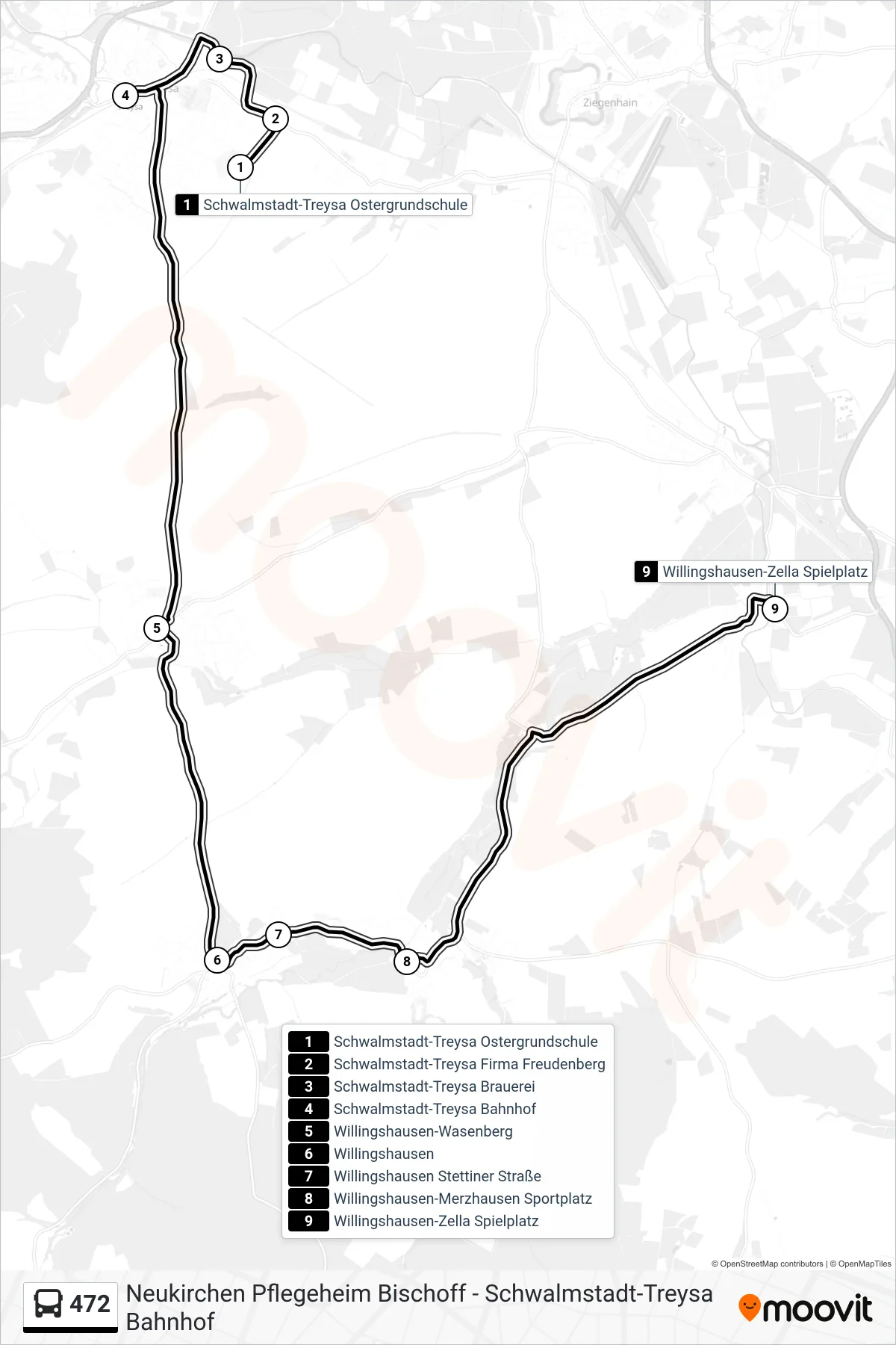 472 bus Line (Zella) route and stops on a map