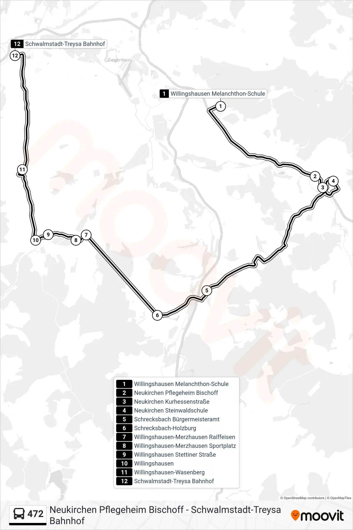 472 bus Line (Treysa Bahnhof) route and stops on a map