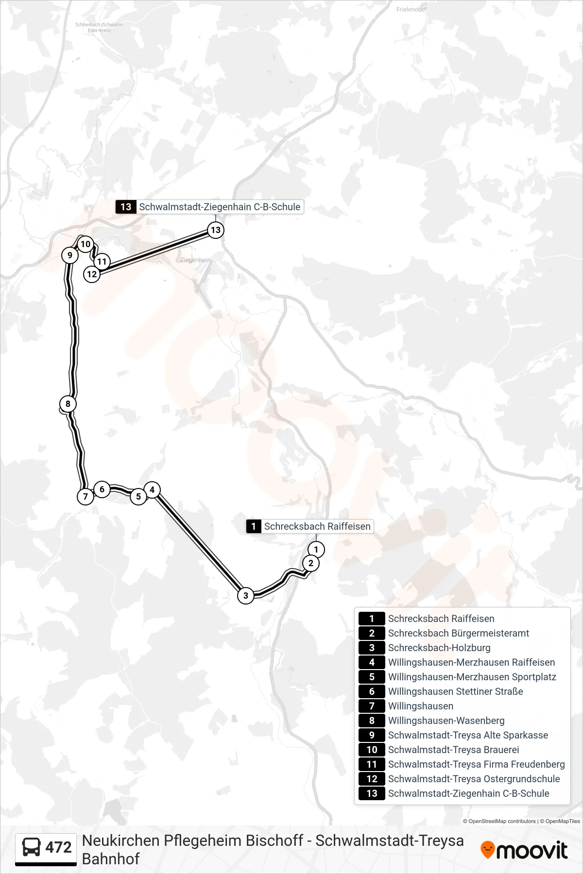 472 bus Line (Ziegenhain) route and stops on a map