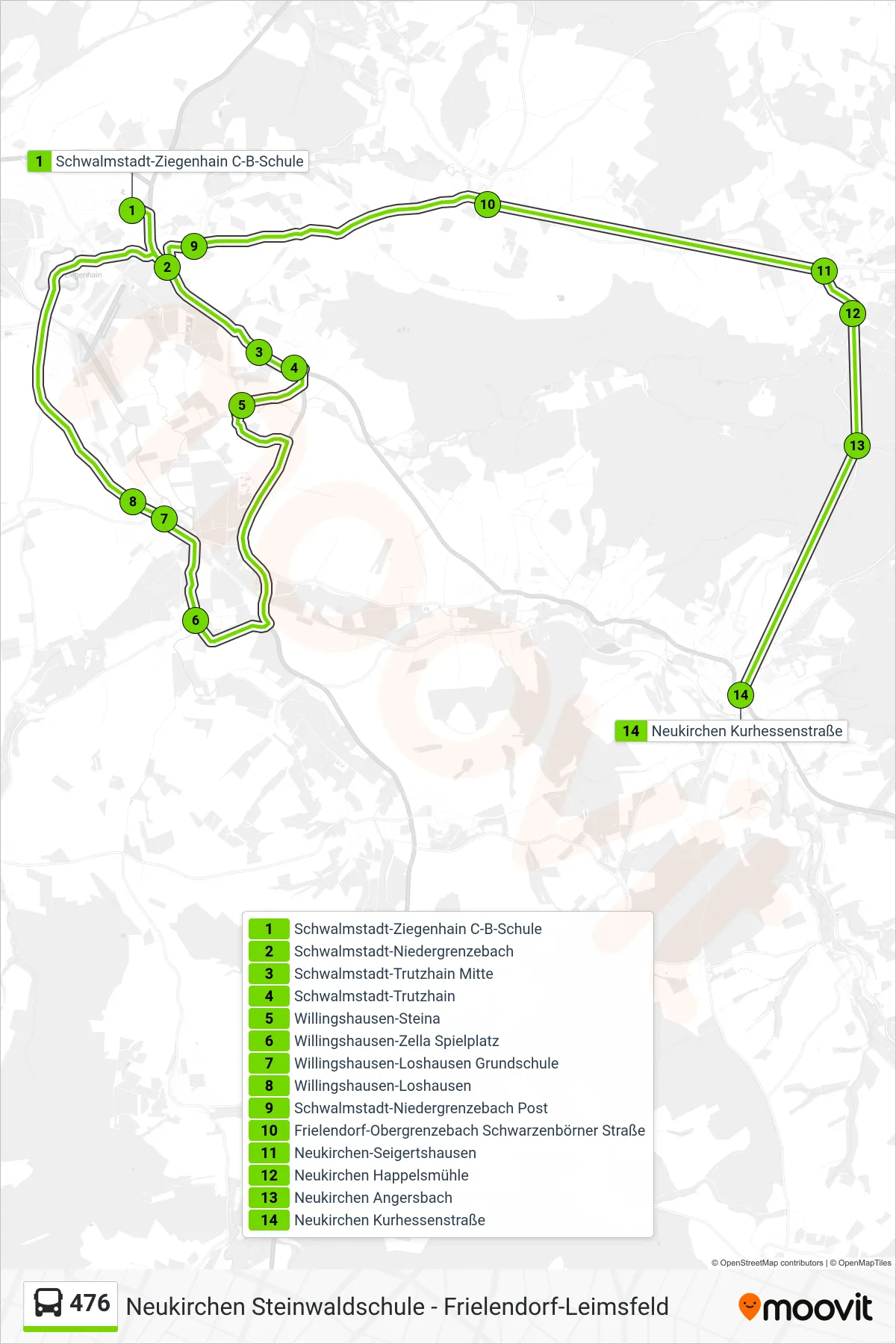 Linie 476 (Bus) Richtung Neukirchen Kurhessenstraße: Route und Haltestellen auf der Karte