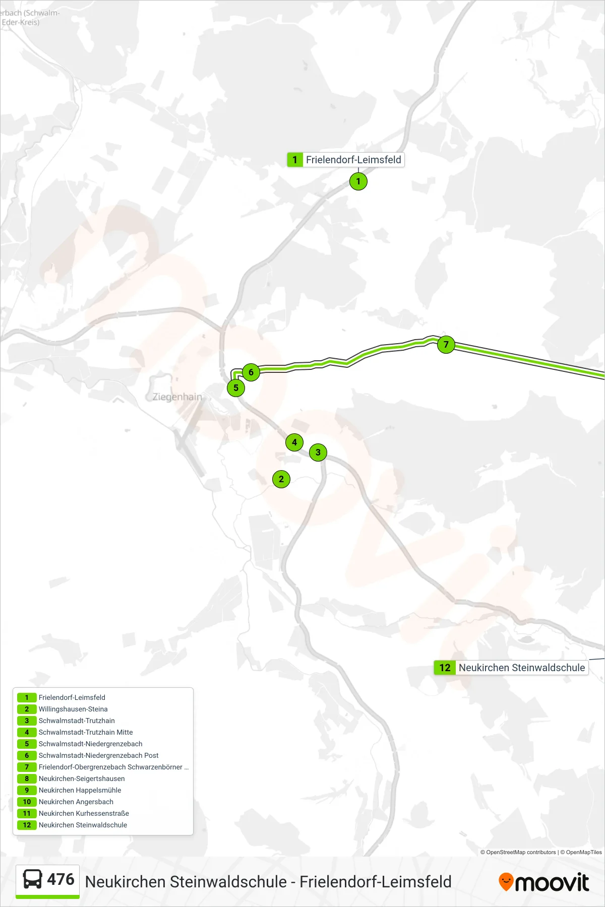 476 bus Line (Neukirchen Astrid-Lindgren-Schule) route and stops on a map