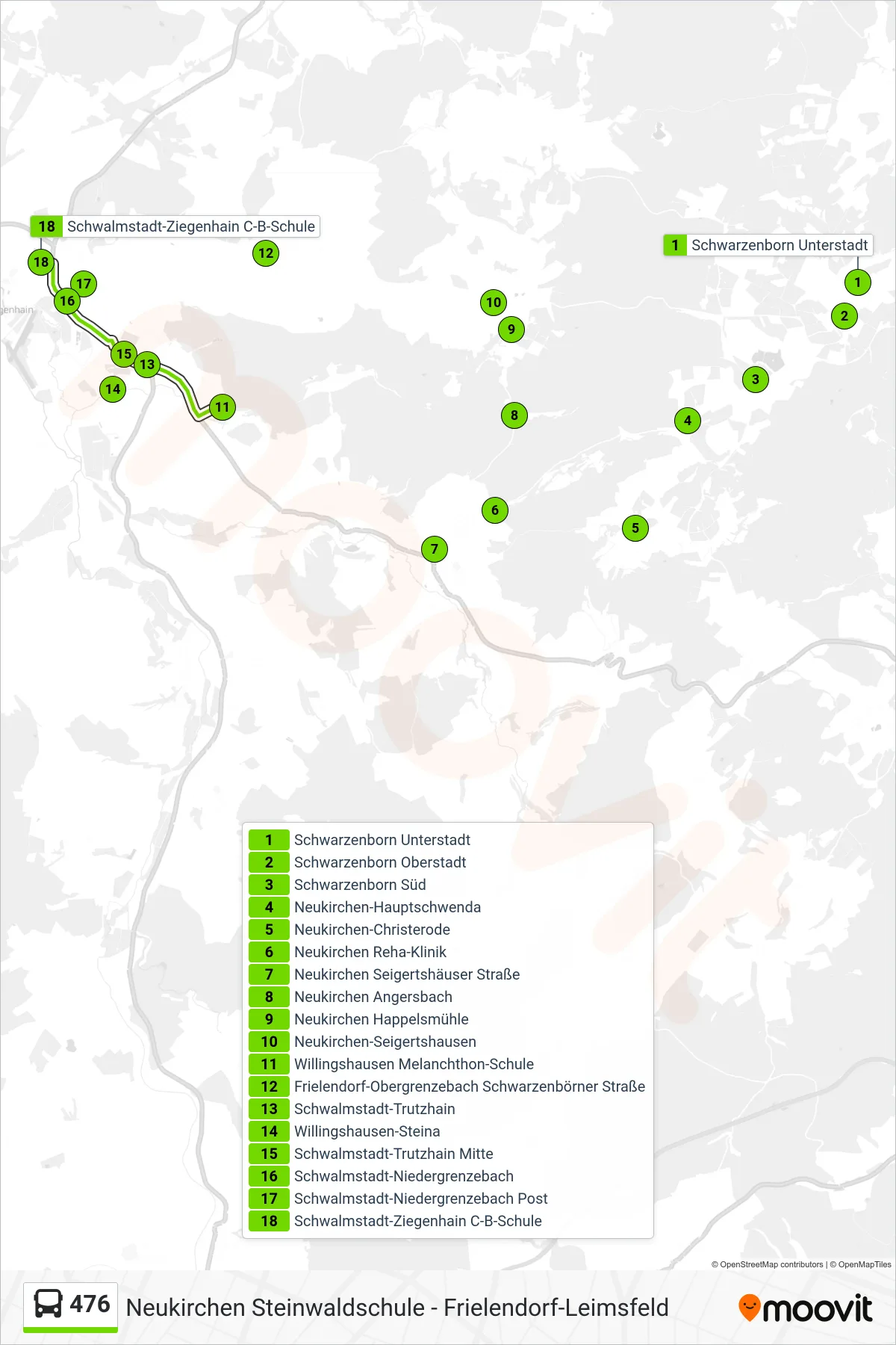 476 bus Line (Ziegenhain) route and stops on a map