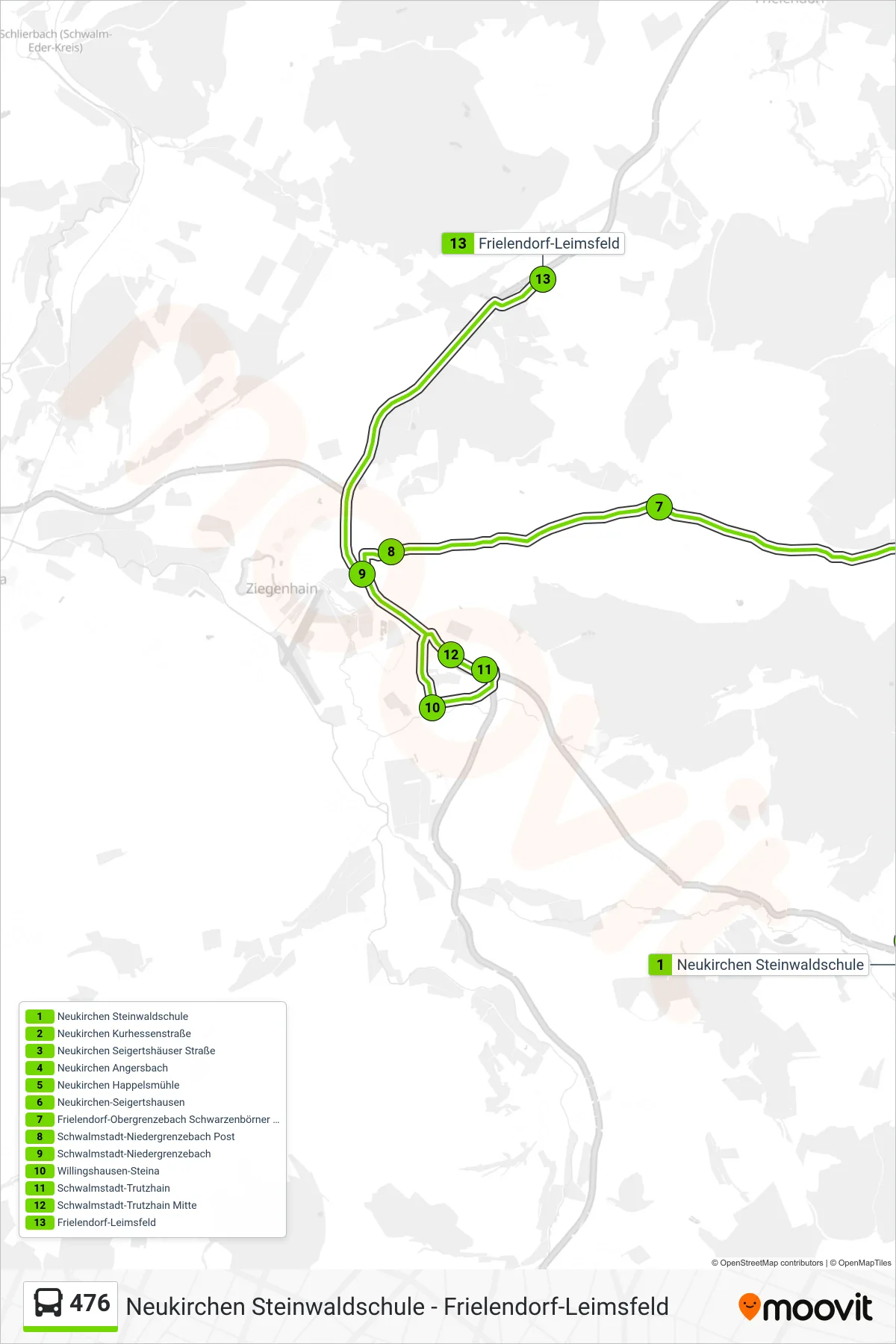 476 bus Line (Frielendorf-Leimsfeld) route and stops on a map