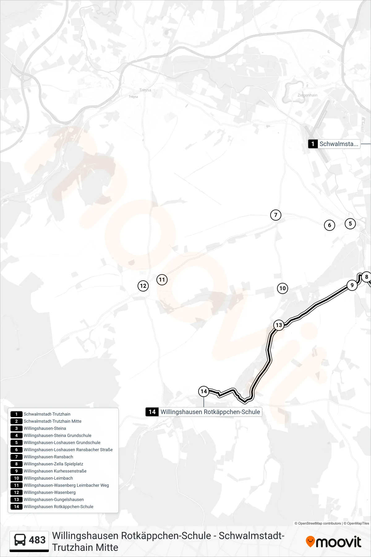 483 bus Line (Willingshausen) route and stops on a map
