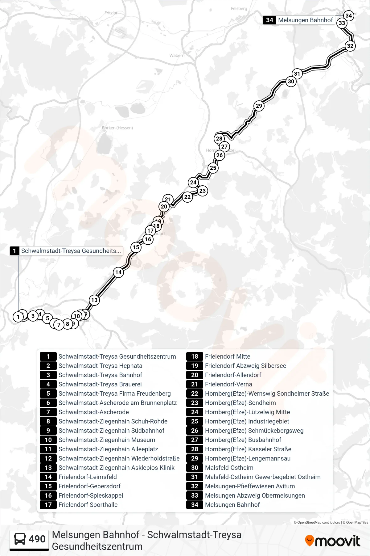 Linie 490 (Bus) Richtung Melsungen Bahnhof: Route und Haltestellen auf der Karte