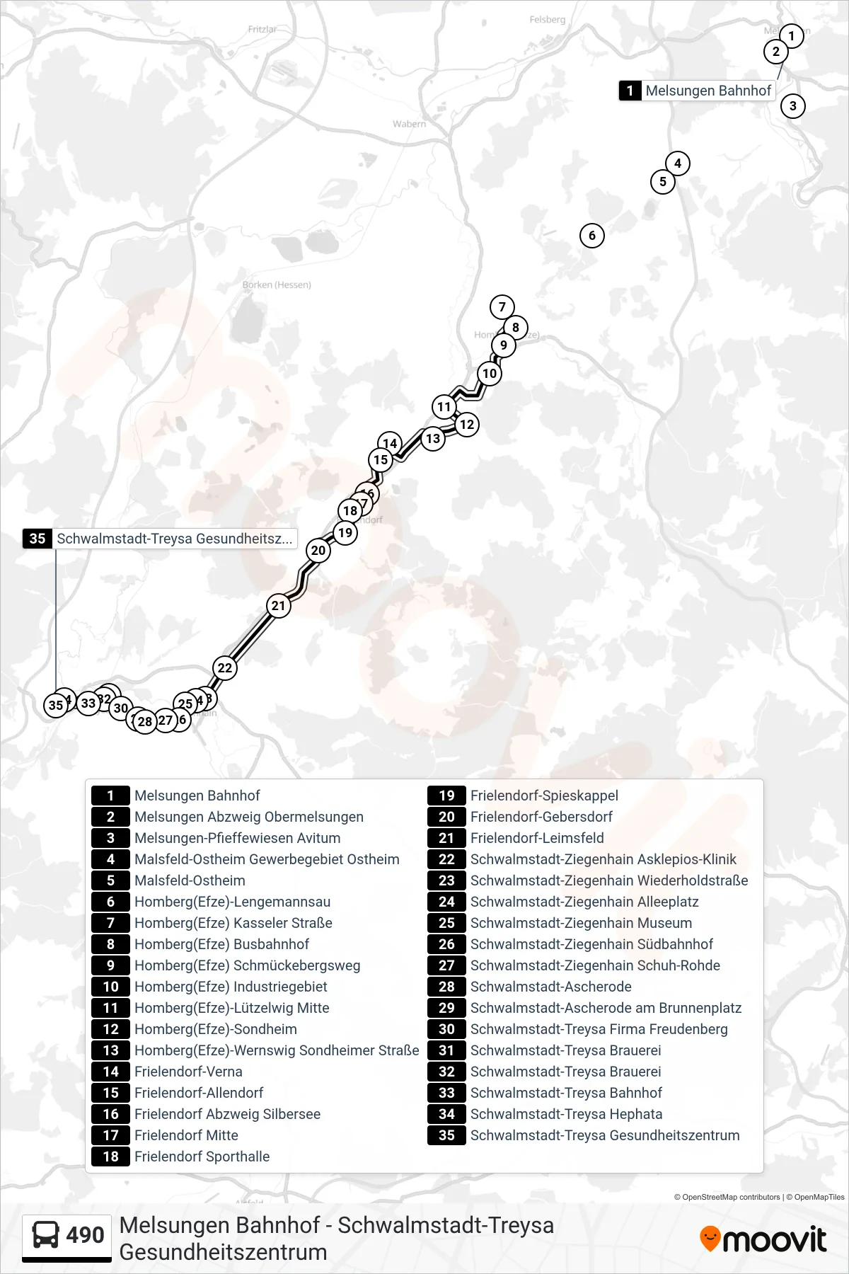 490 bus Line (Schwalmstadt-Treysa Gesundheitszentrum) route and stops on a map