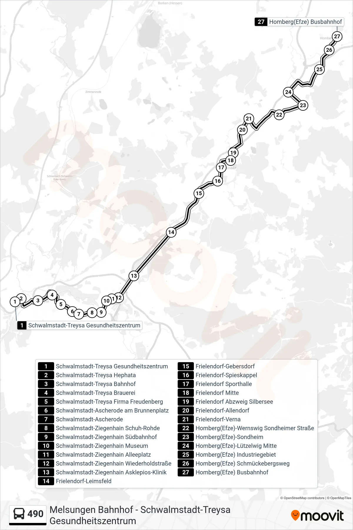 490 bus Line (Homberg) route and stops on a map