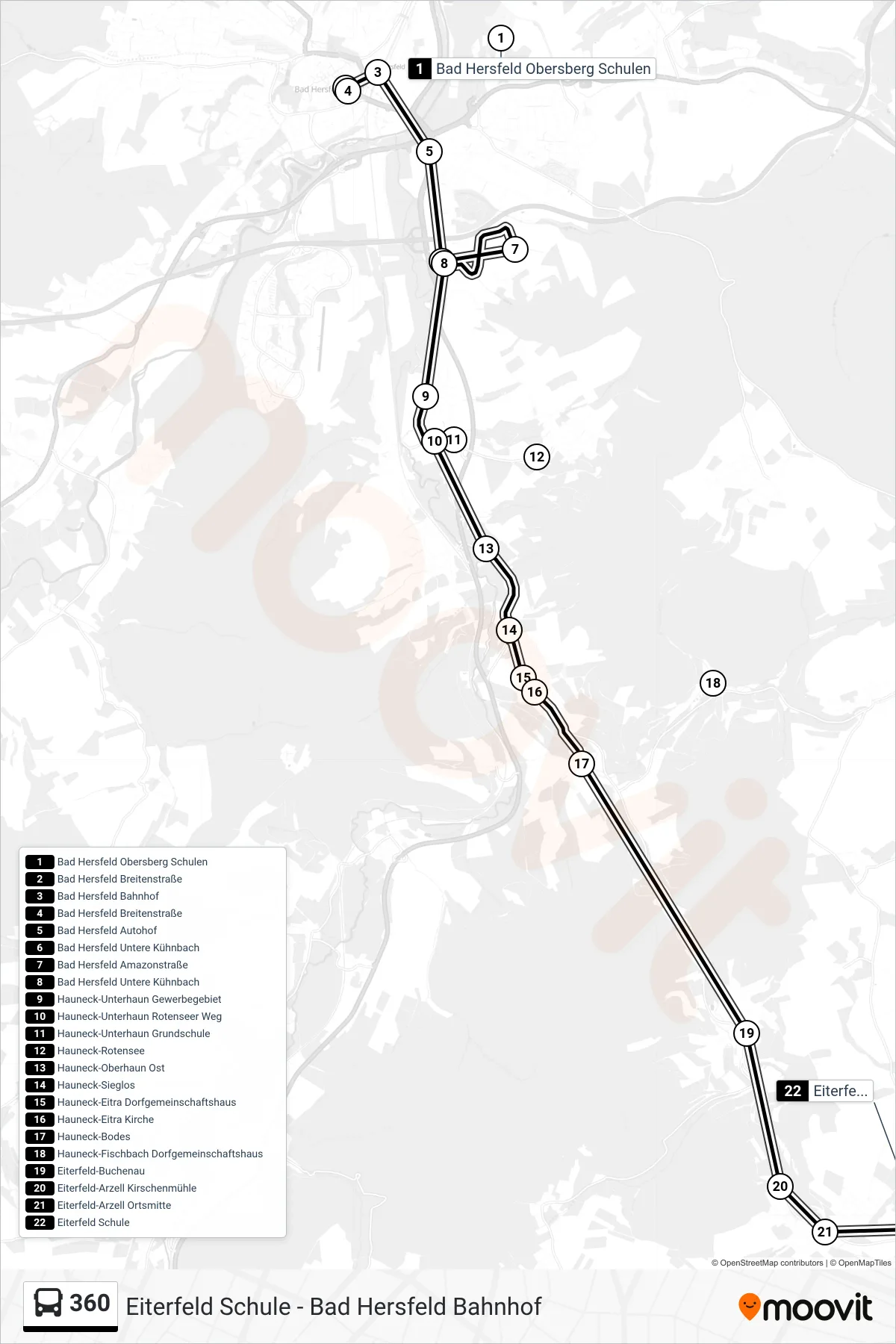 360 bus Line (Eiterfeld Schule) route and stops on a map