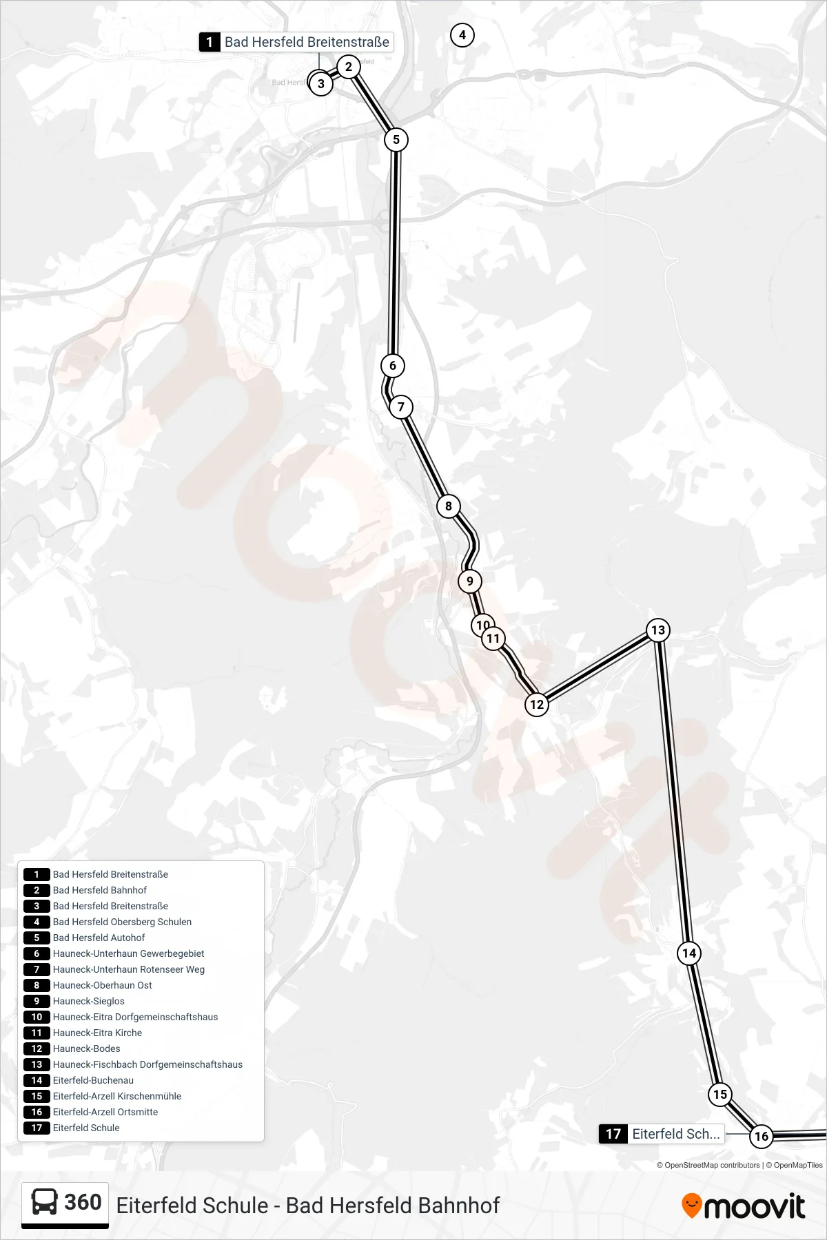 Linie 360 (Bus) Richtung Eiterfeld: Route und Haltestellen auf der Karte