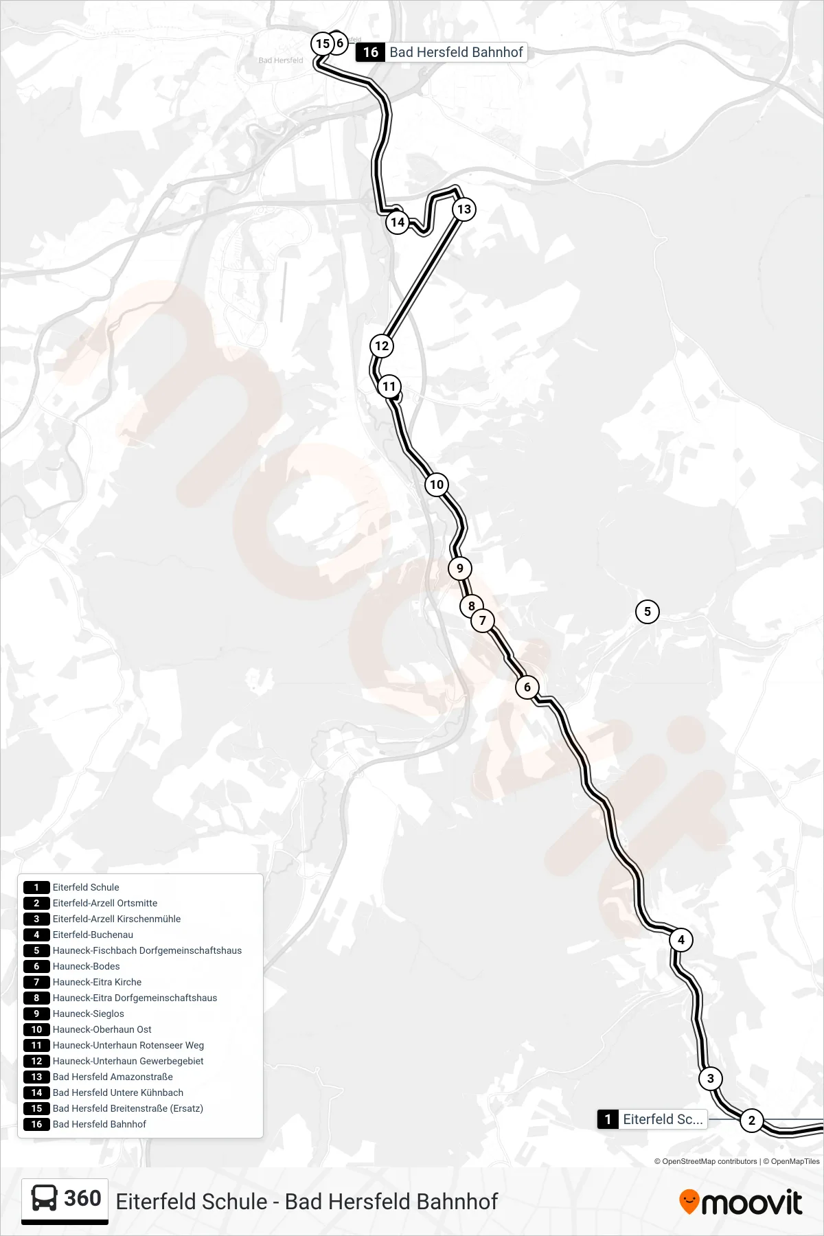 360 bus Line (Bad Hersfeld, Bahnhof) route and stops on a map