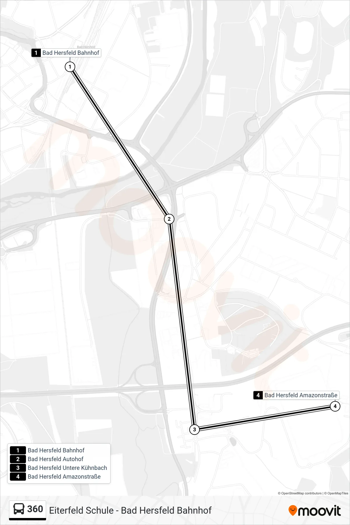 360 bus Line (Bad Hersfeld Amazon) route and stops on a map