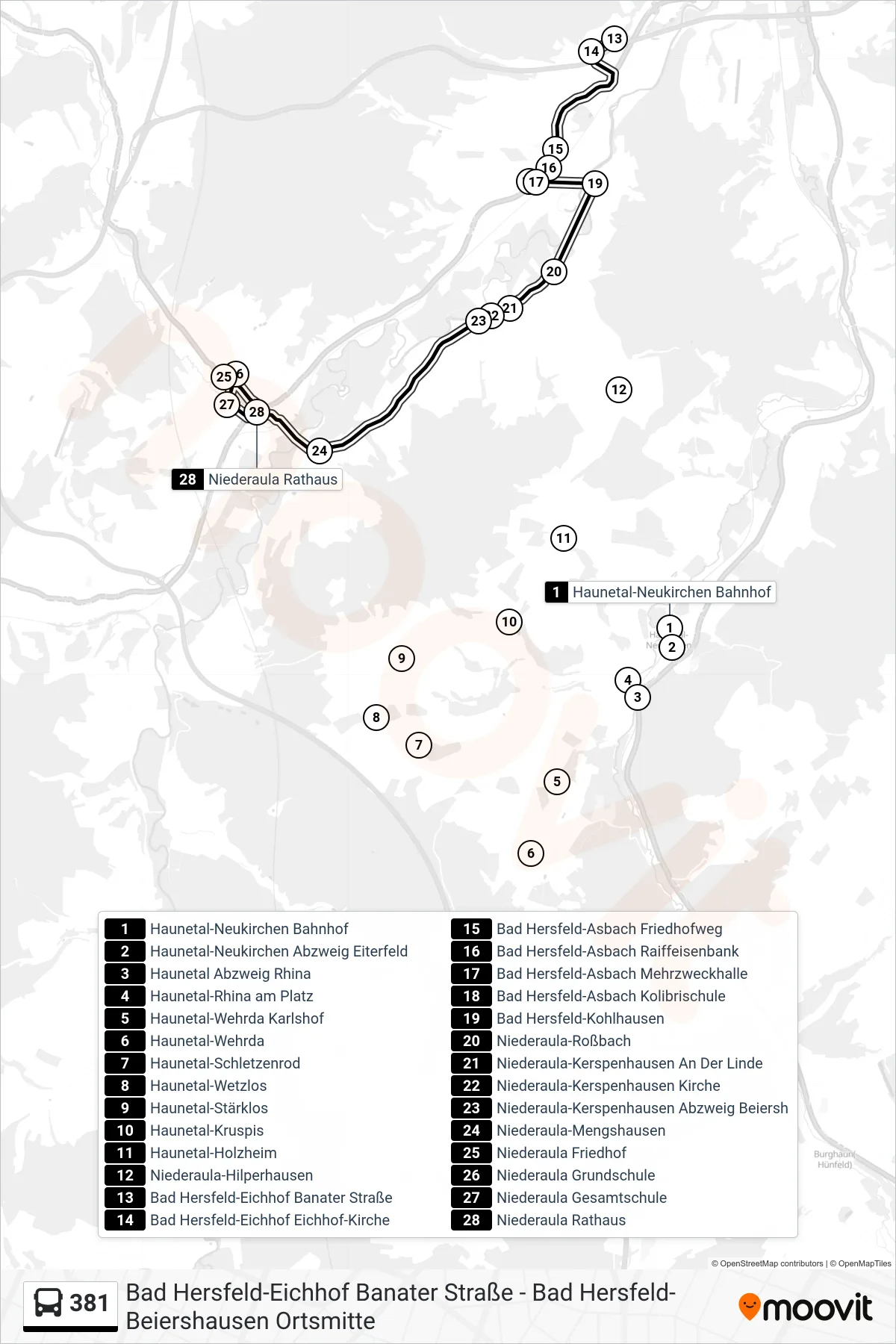 381 bus Line (Niederaula) route and stops on a map