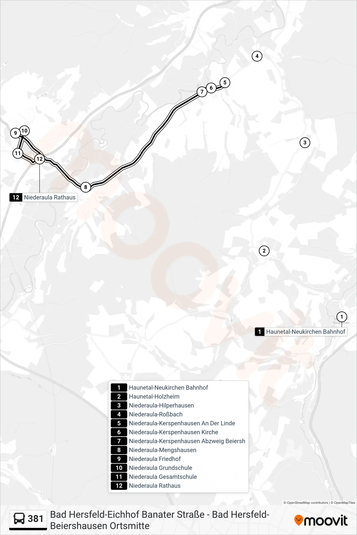 381 bus Line (Niederaula Rathaus) route and stops on a map