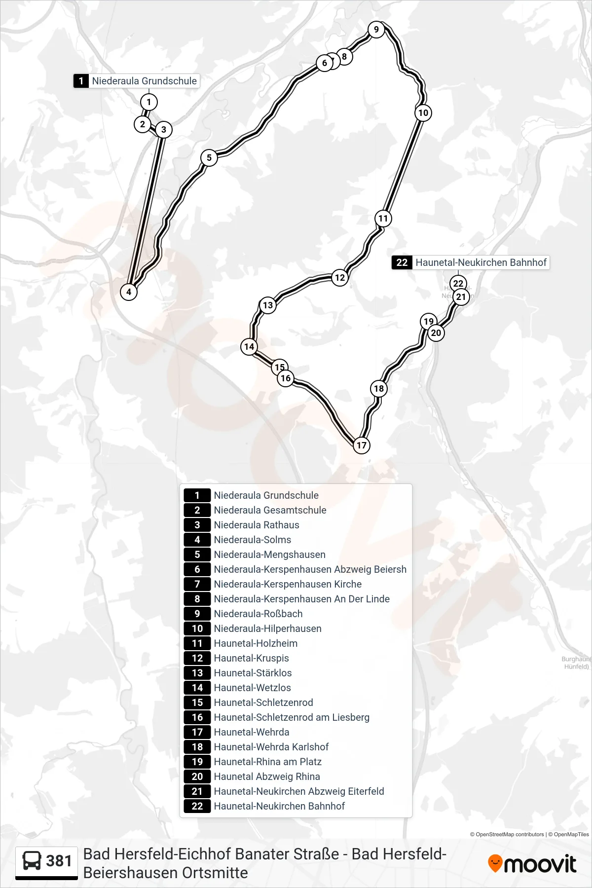 381 bus Line (Neukirchen) route and stops on a map