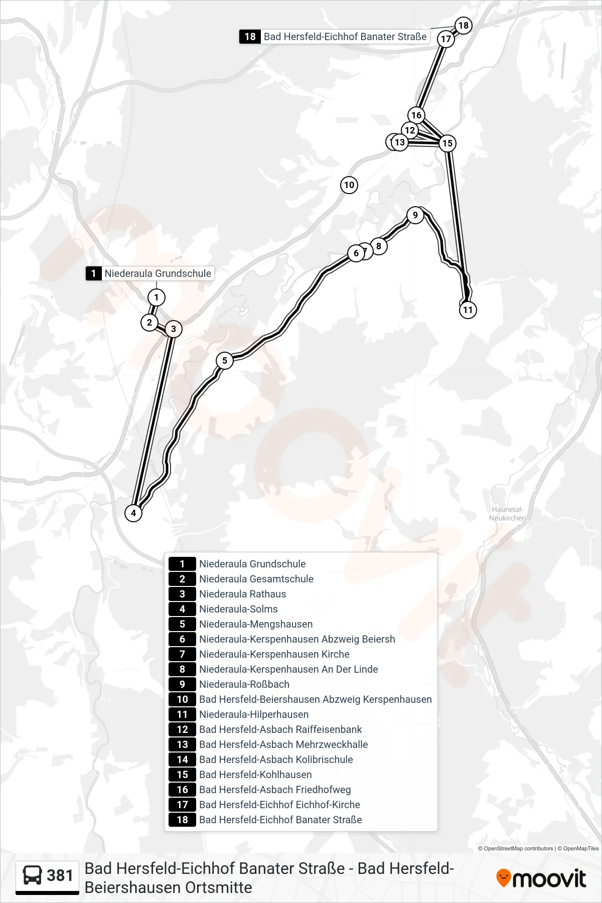 381 bus Line (Bad Hersfeld-Eichhof Banater Straße) route and stops on a map