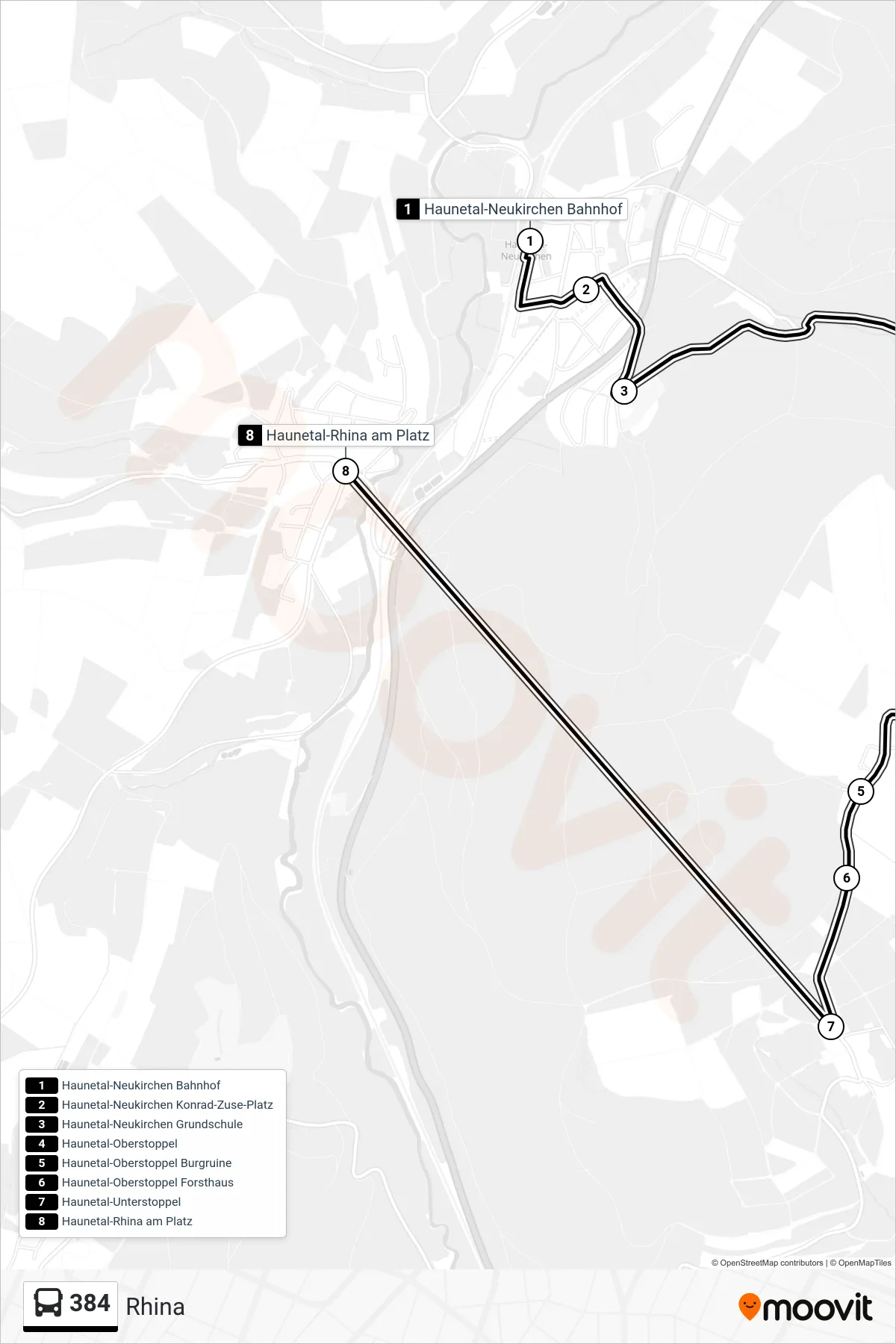 384 bus Line (Rhina) route and stops on a map