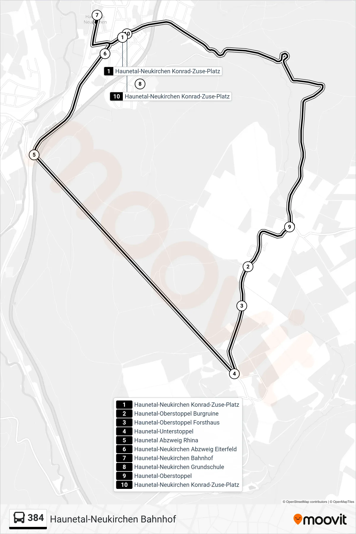 384 bus Line (Haunetal-Neukirchen Bahnhof) route and stops on a map