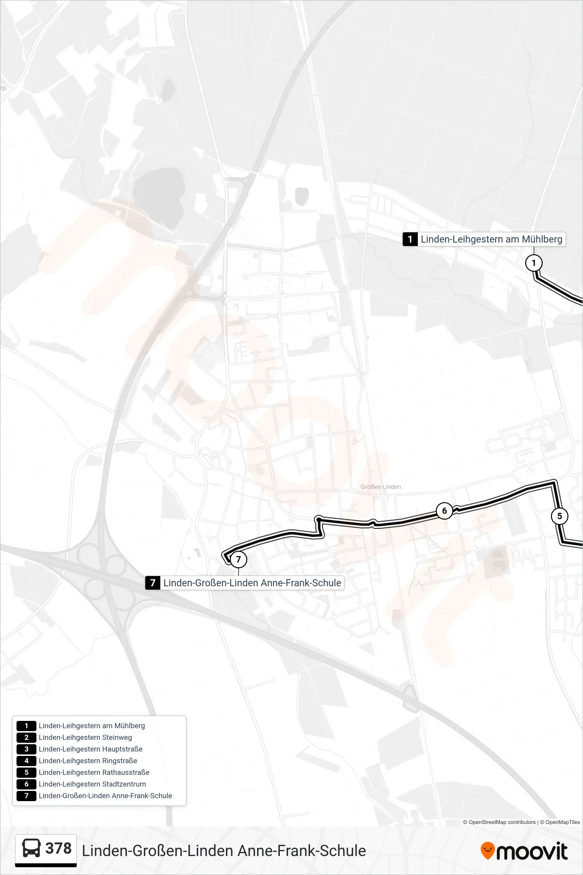 378 bus Line (Linden-Großen-Linden Anne-Frank-Schule) route and stops on a map