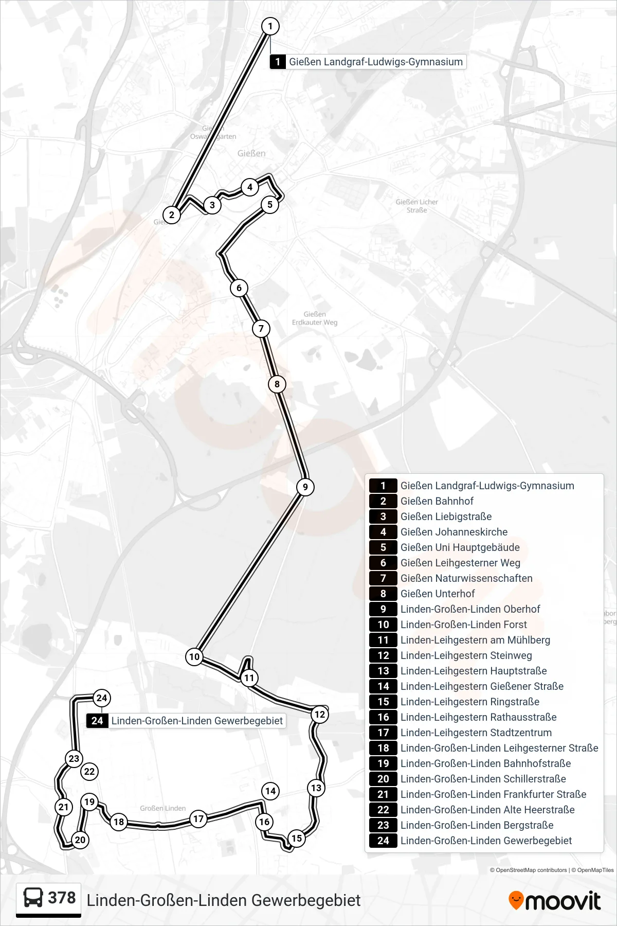 Linie 378 (Bus) Richtung Linden-Großen-Linden Gewerbegebiet: Route und Haltestellen auf der Karte