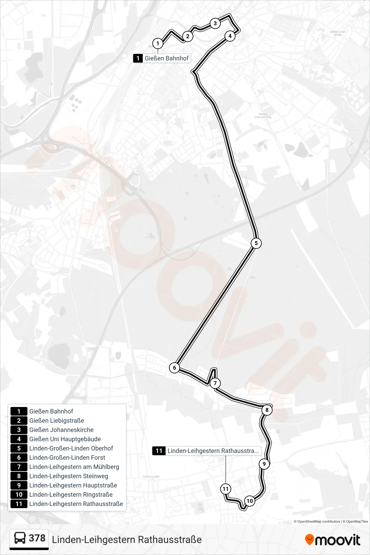 378 bus Line (Linden-Leihgestern Rathausstraße) route and stops on a map