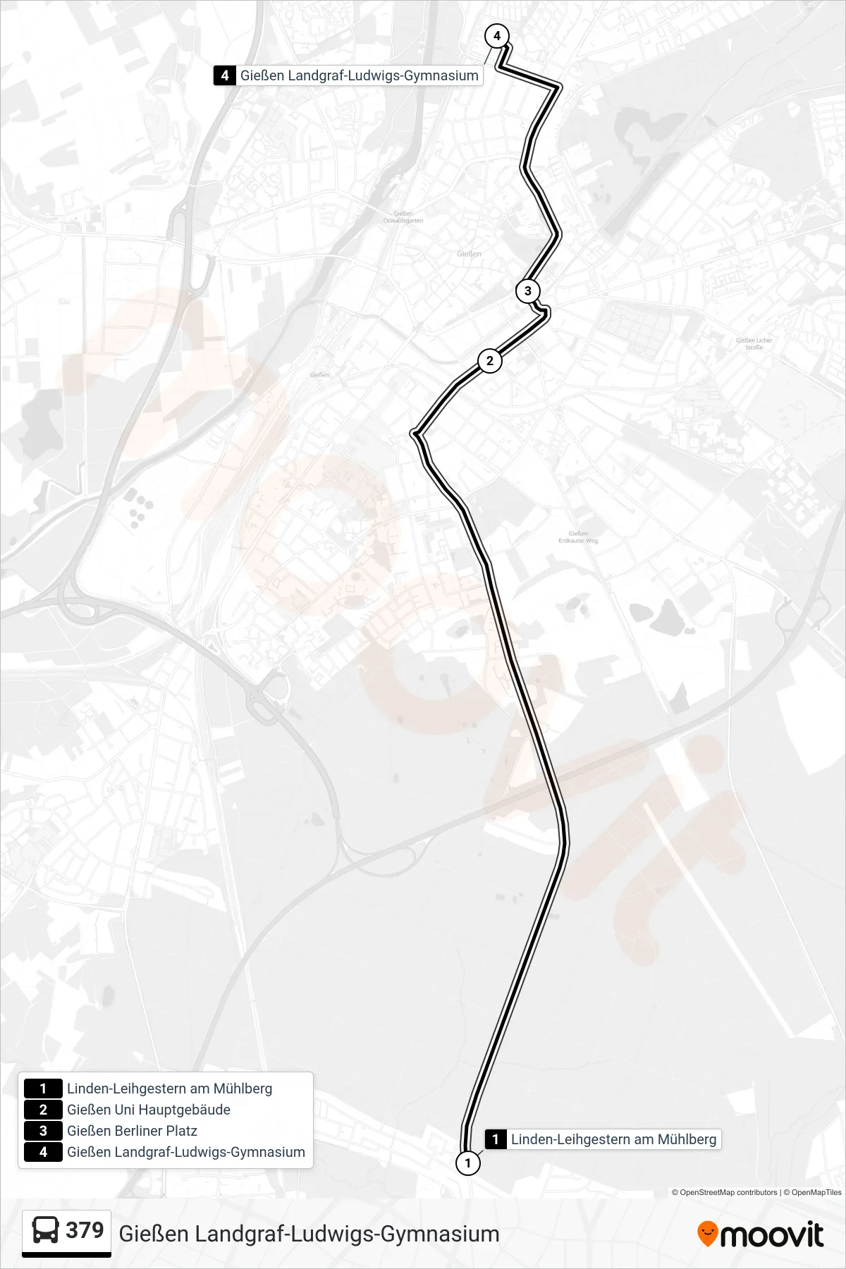 Linie 379 (Bus) Richtung Gießen Landgraf-Ludwigs-Gymnasium: Route und Haltestellen auf der Karte