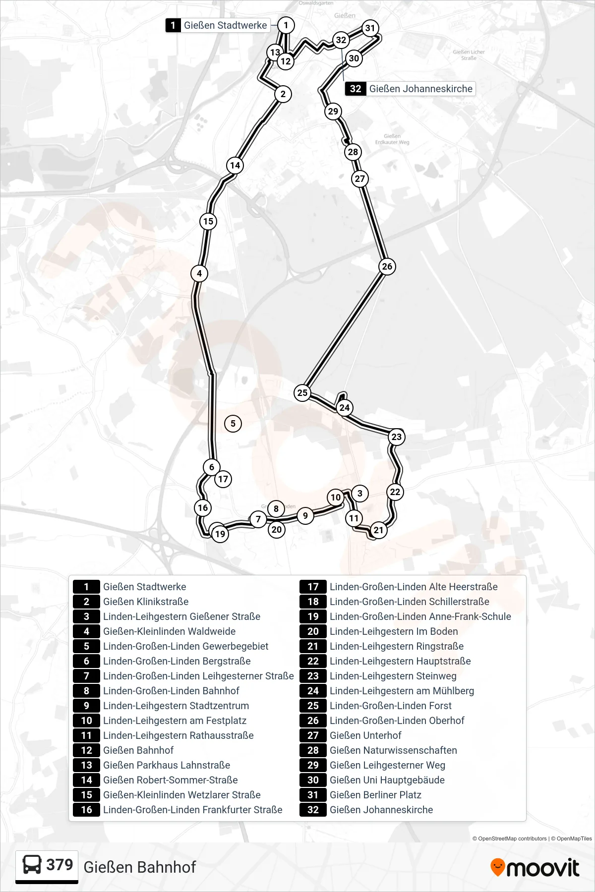 379 bus Line (Gießen Bahnhof) route and stops on a map