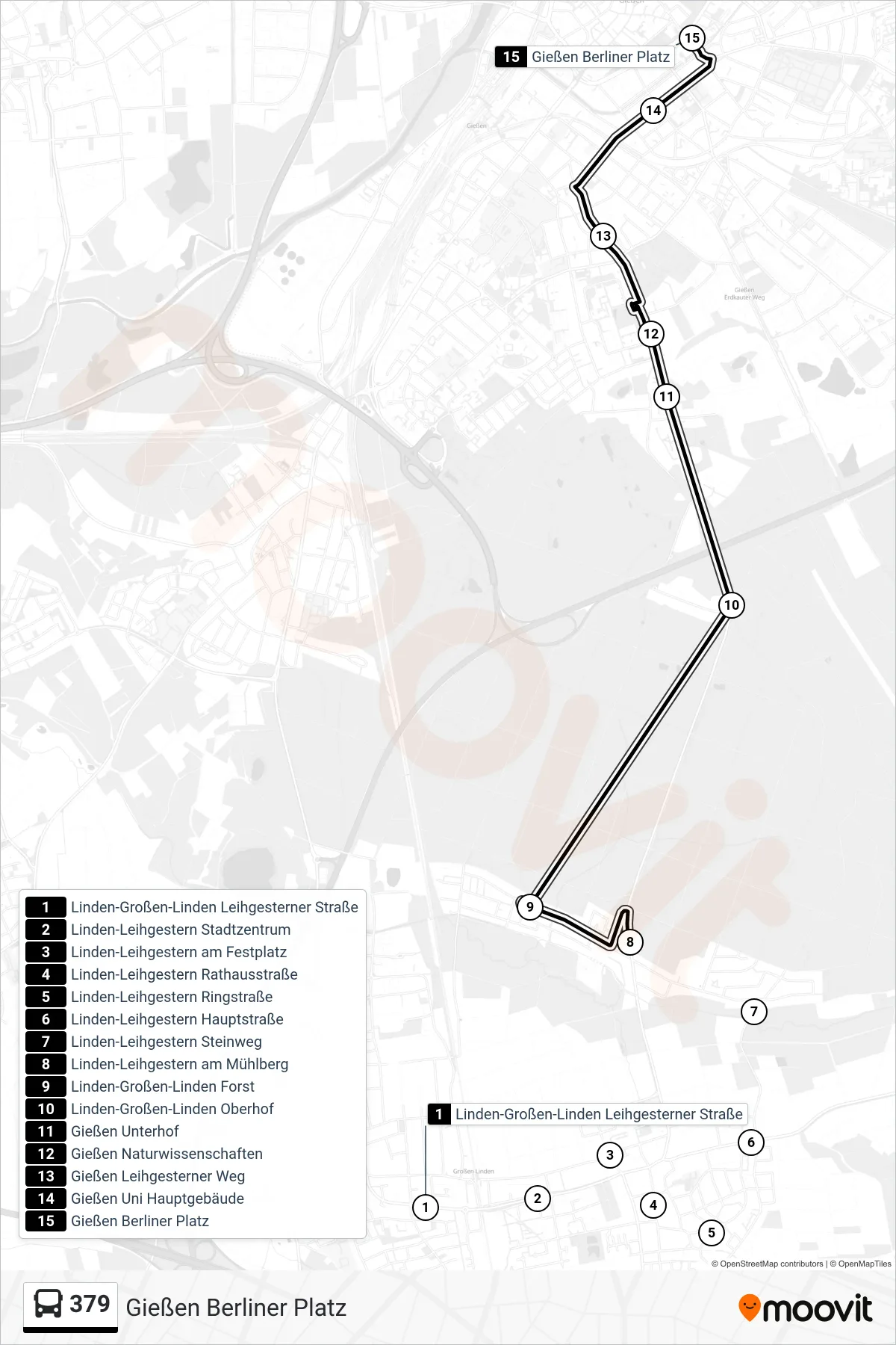 379 bus Line (Gießen Berliner Platz) route and stops on a map
