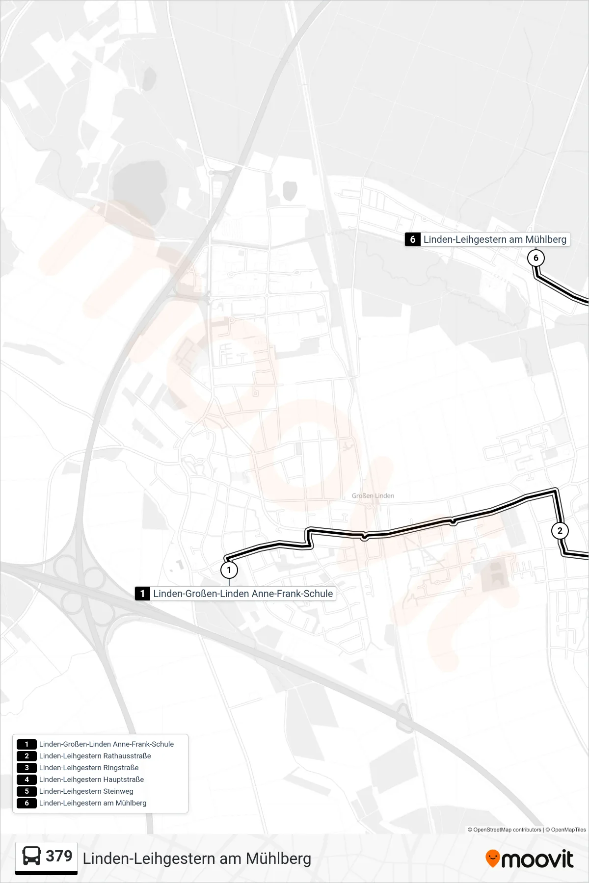 379 bus Line (Linden-Leihgestern am Mühlberg) route and stops on a map