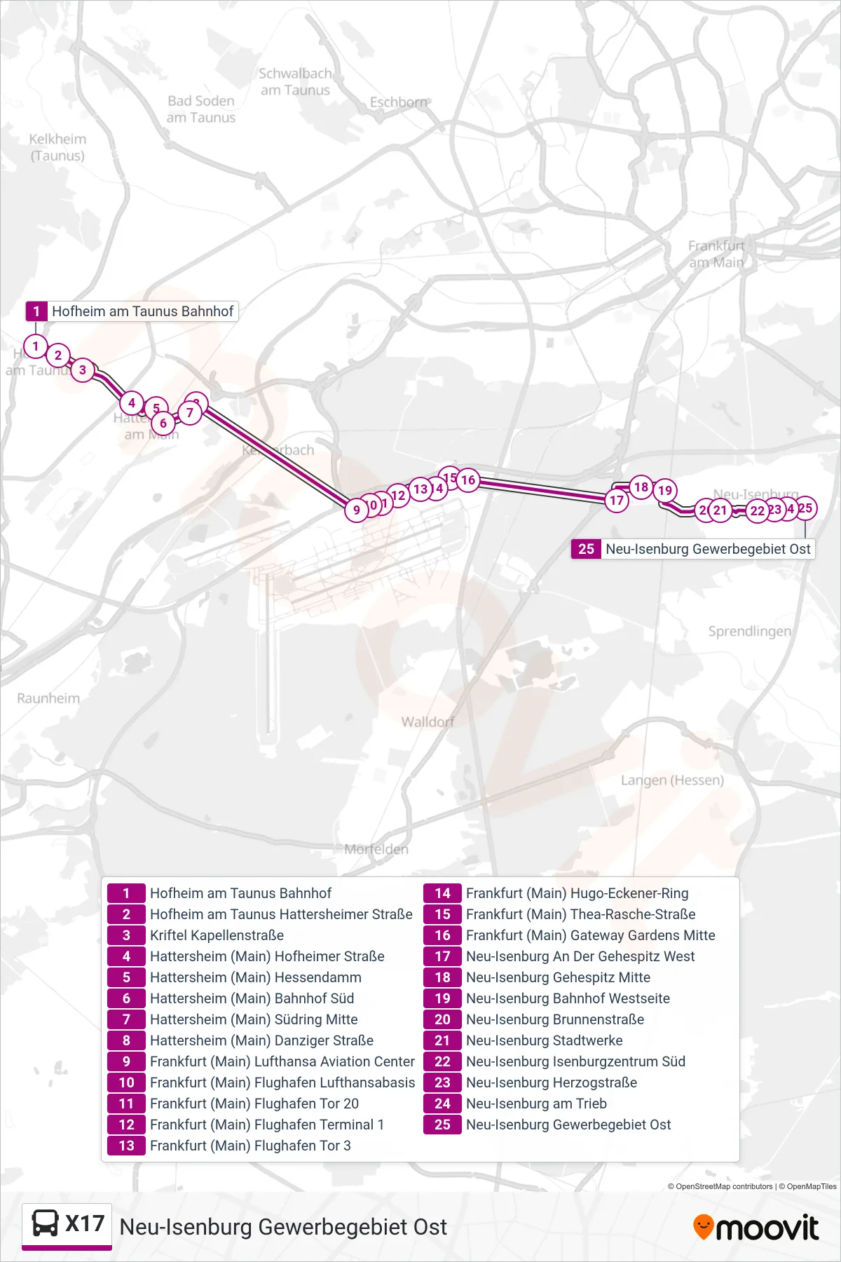 Linie X17 (Bus) Richtung Neu-Isenburg Gewerbegebiet Ost: Route und Haltestellen auf der Karte