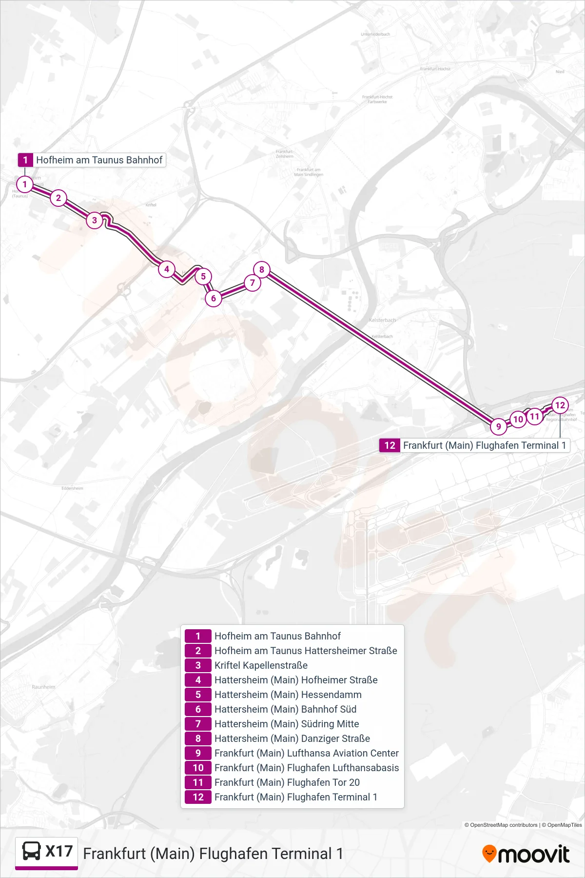 X17 bus Line (Frankfurt (Main) Flughafen Terminal 1) route and stops on a map