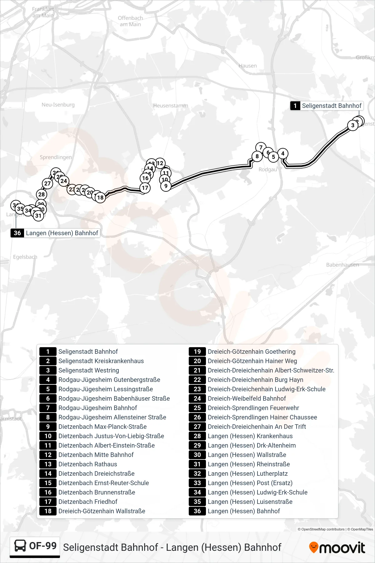 OF-99 bus Line (Langen Bahnhof) route and stops on a map