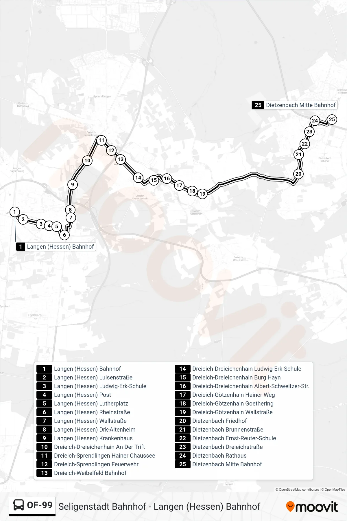 OF-99 bus Line (Dietzenbach Mitte Bahnhof) route and stops on a map