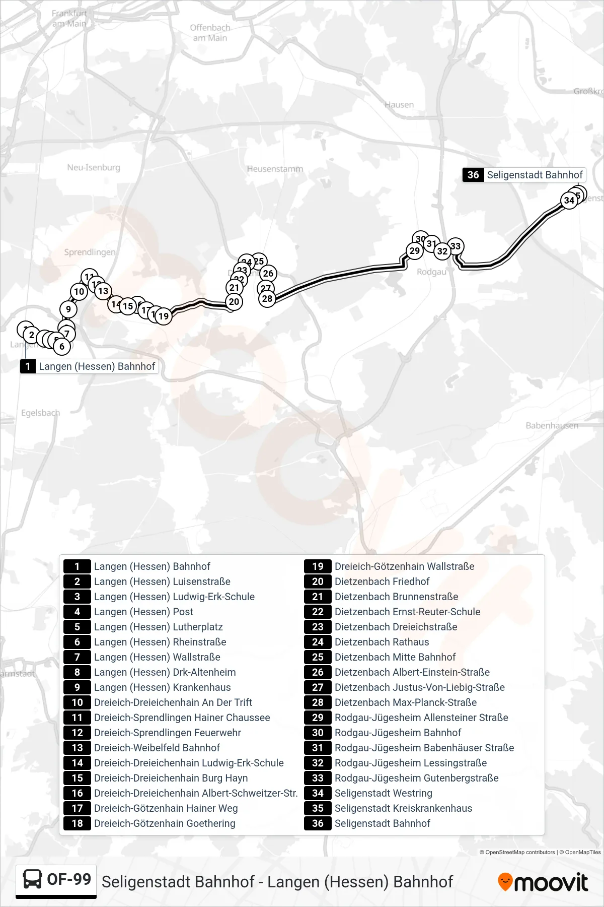 OF-99 bus Line (Seligenstadt Bahnhof) route and stops on a map